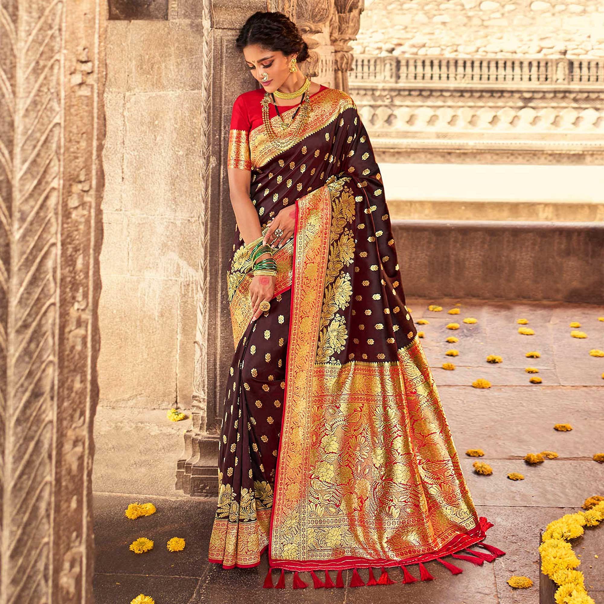 Peachmode Brown & Red Festive Wear Woven Banarasi Silk Saree
