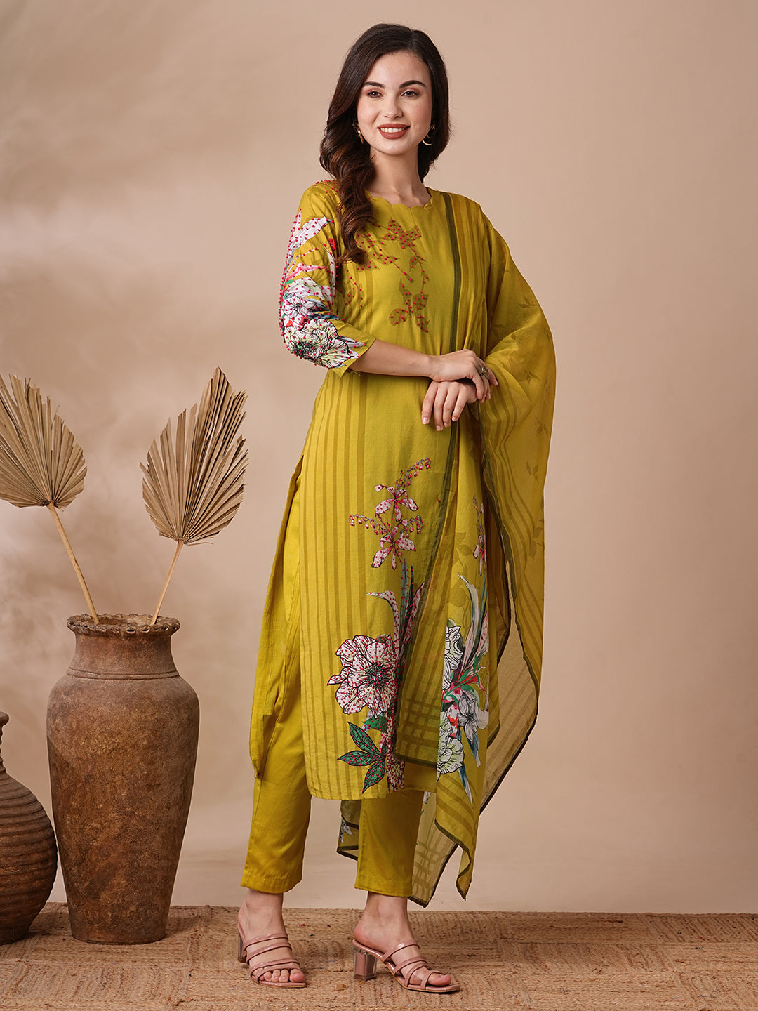 Fashor Floral Printed & Embroidered Straight Kurta with Pant & Dupatta - Lime Green - view 5