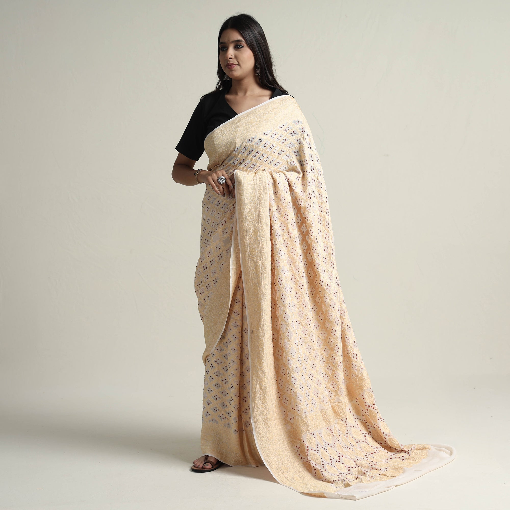 KACHCHH JI CHHAAP Beige - Kutch Bandhani Tie-Dye Pure Georgette Banarasi Neem Zari Jaal Saree