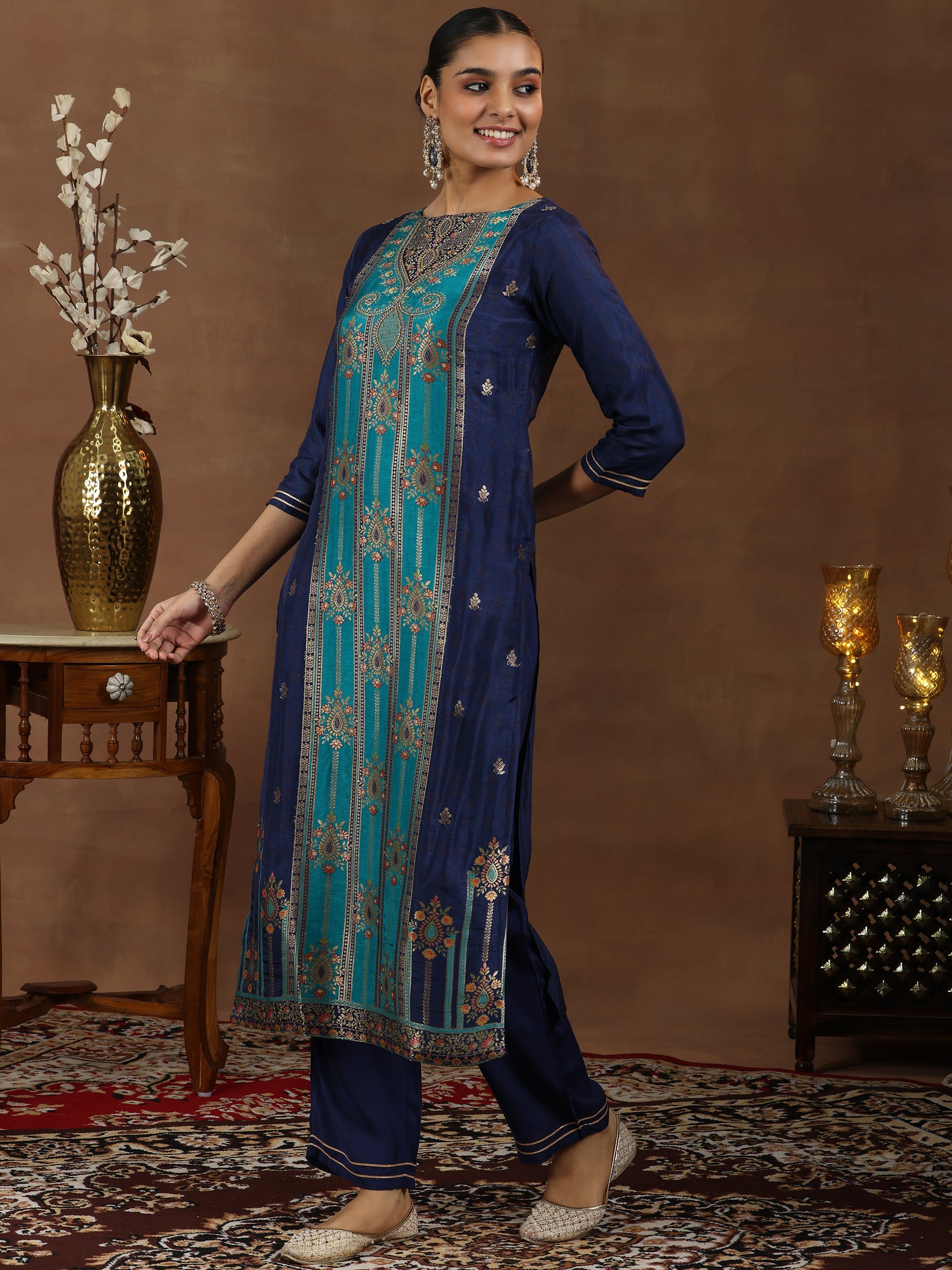Libas Blue Woven Design Silk Blend Straight Suit With Dupatta - view 2