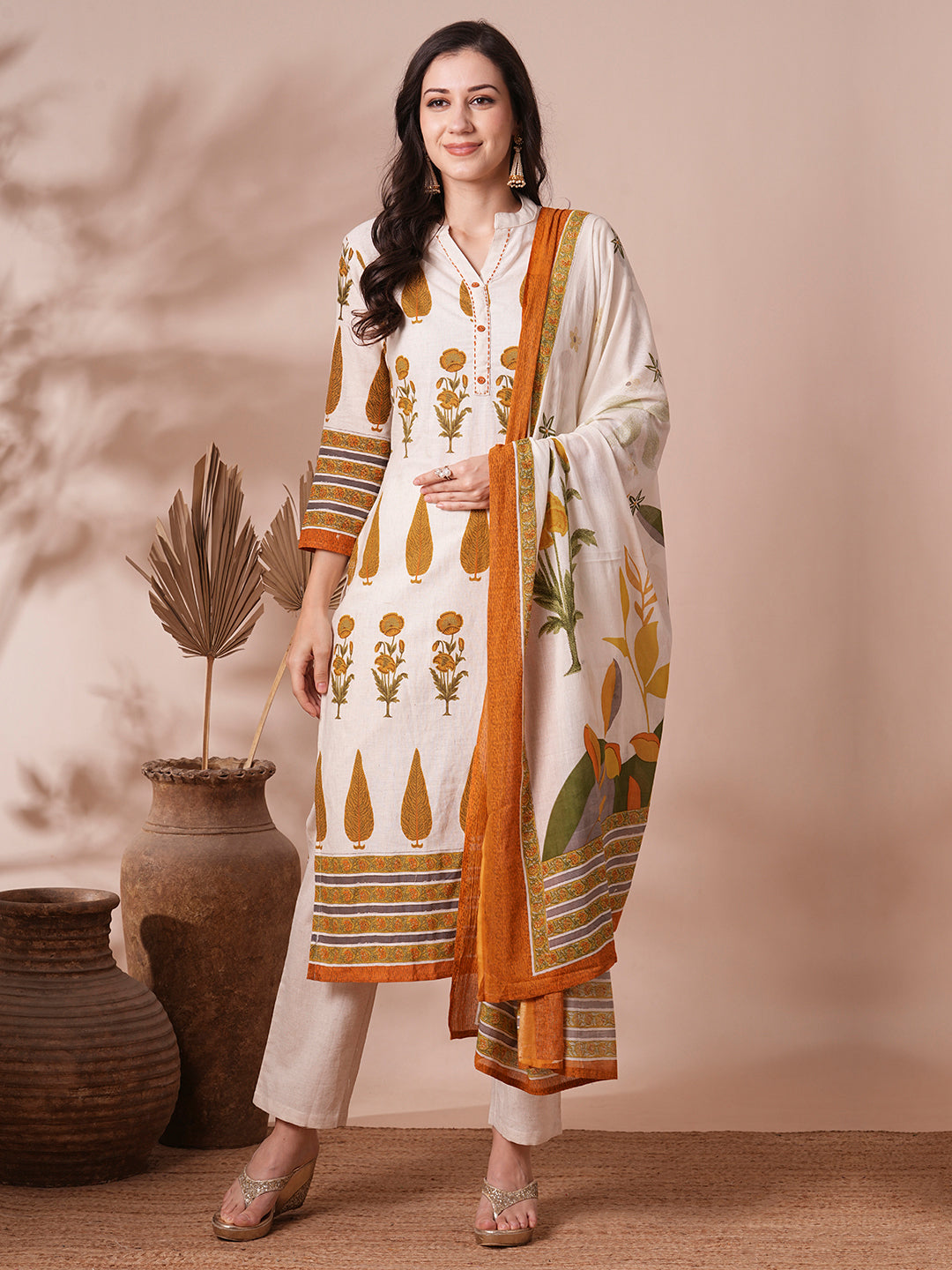 FASHOR Ethnic Printed Straight Fit Cotton Flax Kurta with Pant and Dupatta - Off White