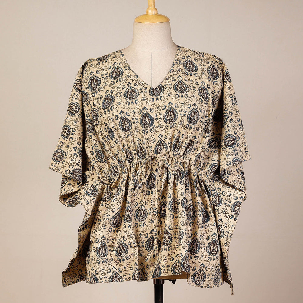 CHUTNEY CRAFT STUDIO Beige - Block Print Cotton Kalamkari Kaftan with Tie-Up Waist (Short)
