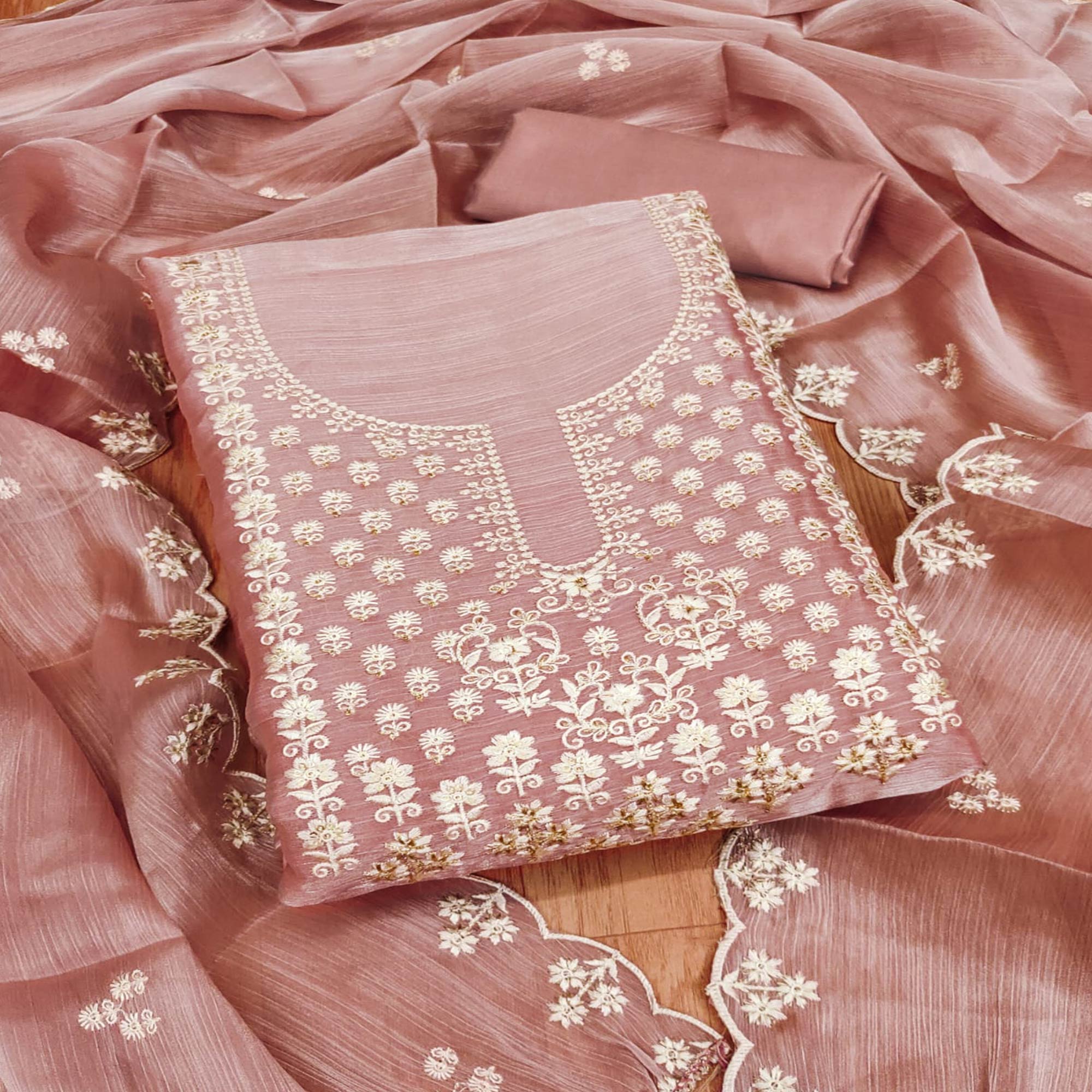Peachmode Dusty Rose Pink Floral Embroidered Burberry Zoya Silk Dress Material
