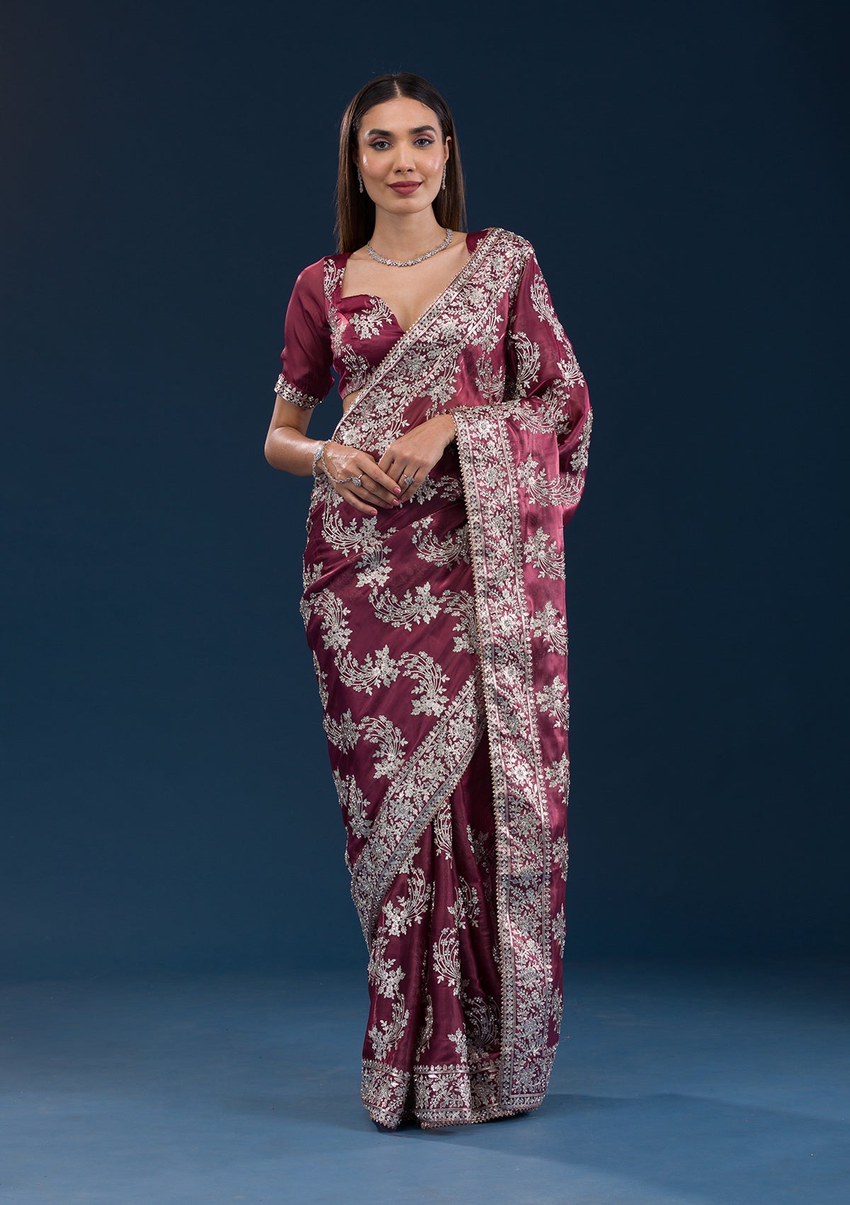Koskii Rust Zariwork Tissue Saree – Women's