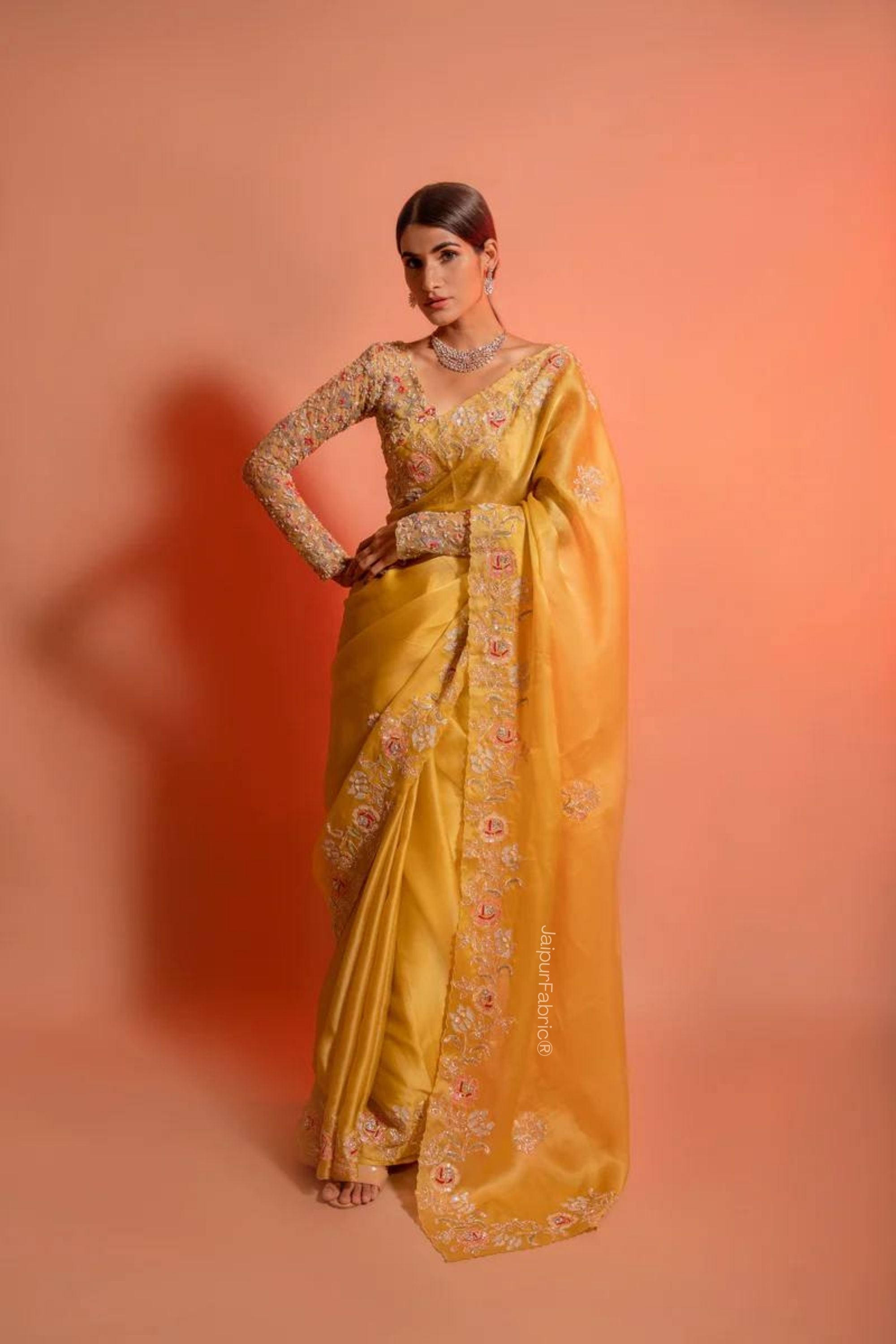 JaipurFabric® Embroidered Organza Saree in Yellow - view 3