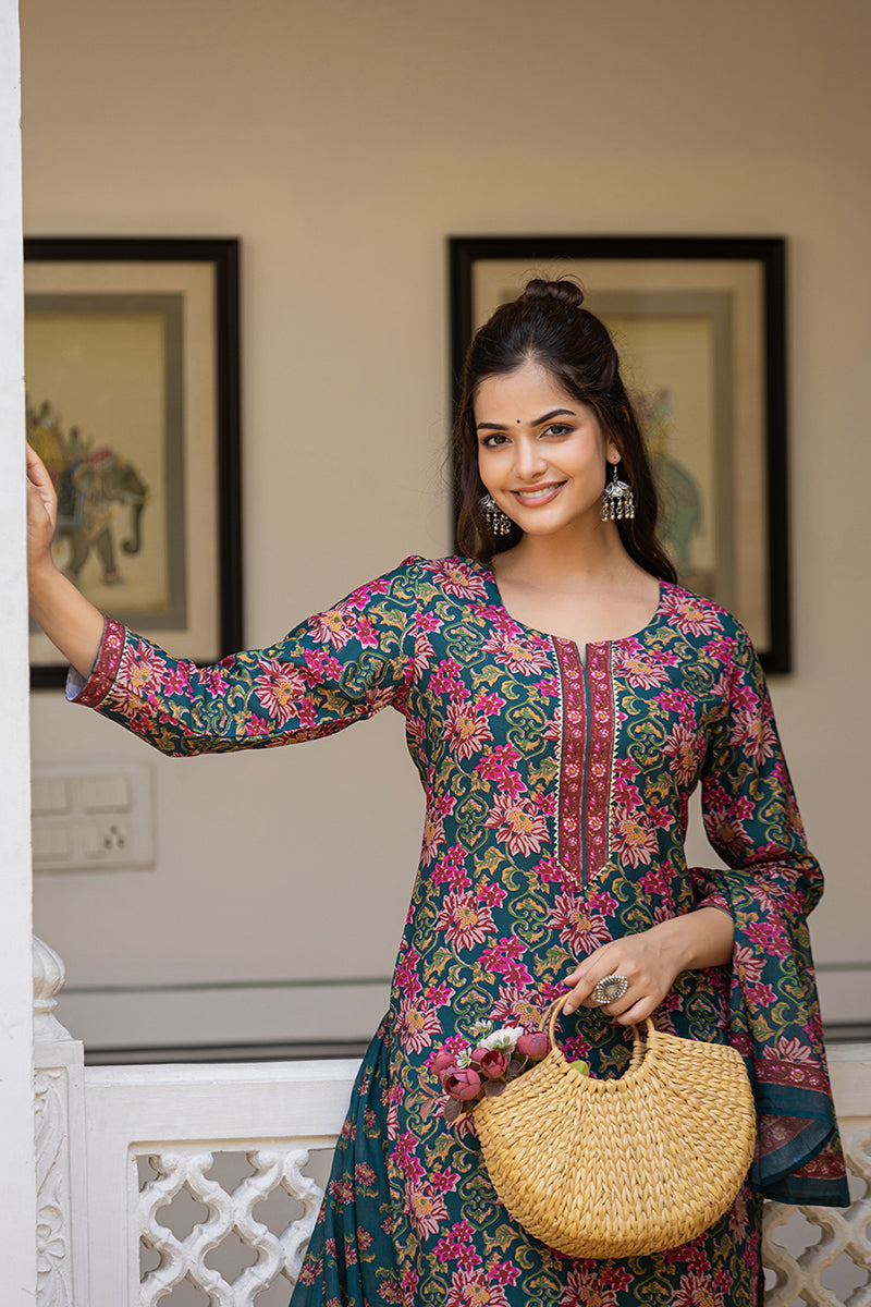 Ahika Green Rayon Blend Floral Printed Straight Suit Set With Trouser Bottom VKSKD2283 - view 2