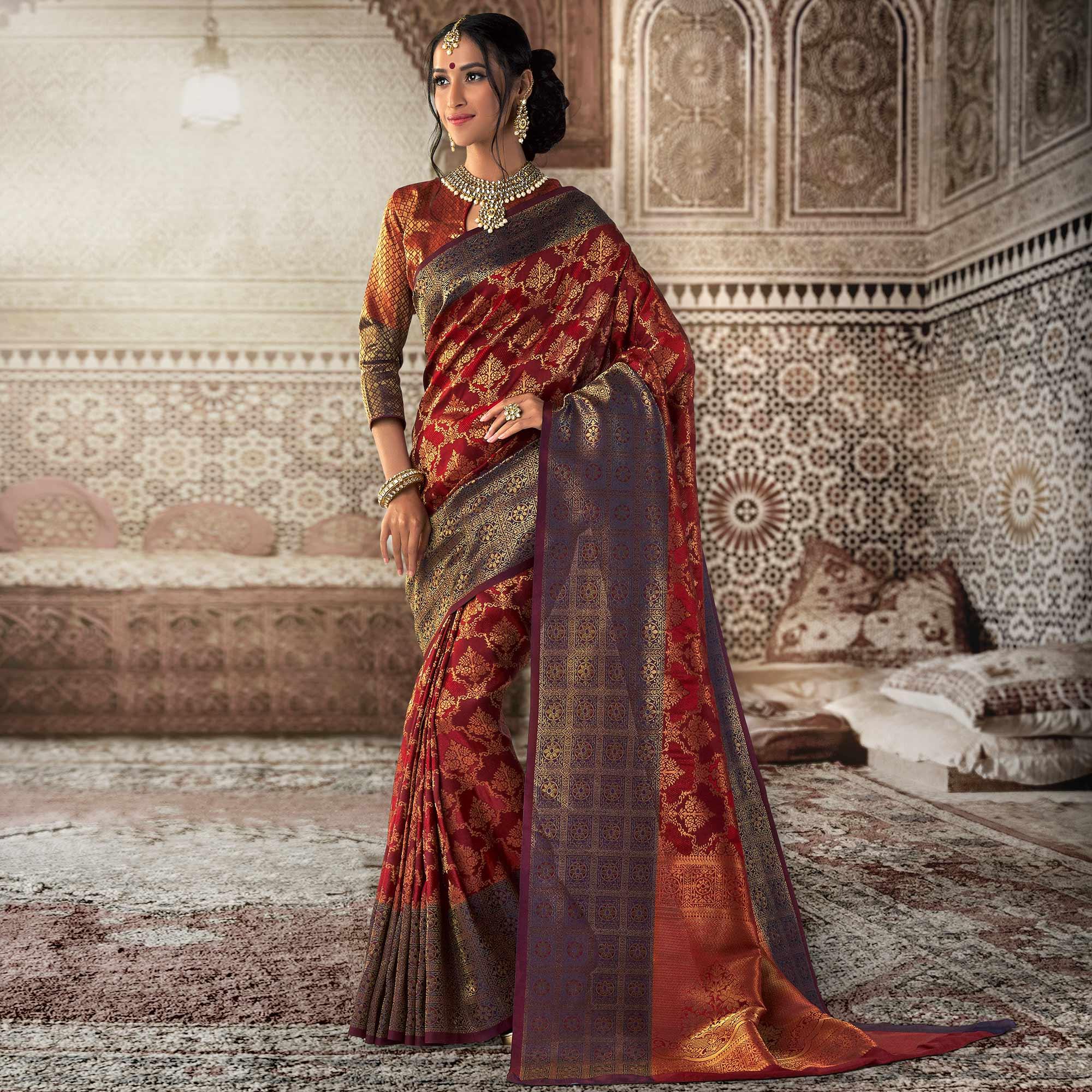 Peachmode Imposing Maroon Colored Festive Wear Woven Silk Saree