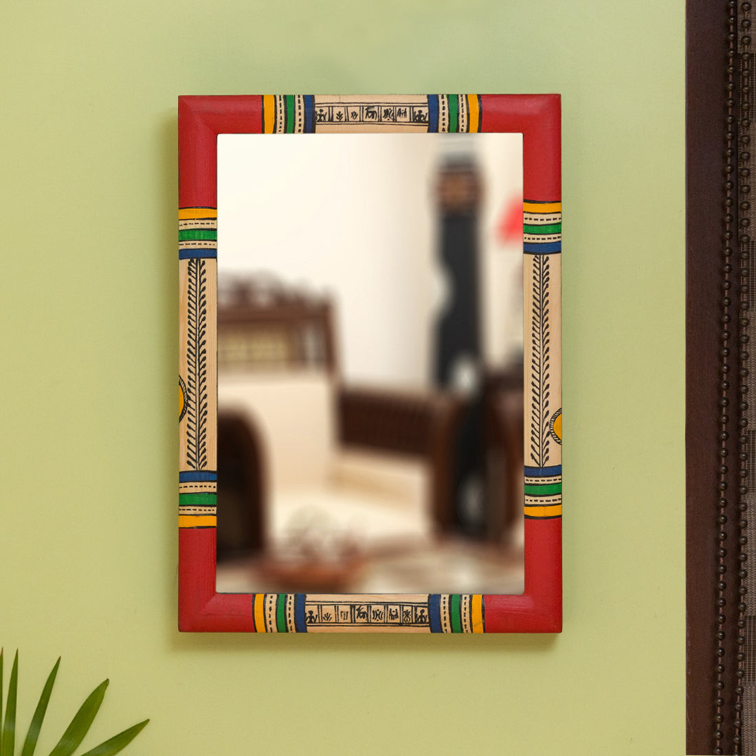 EXCLUSIVELANE Warli Handpainted Wall Mirror In Pine Wood (10 Inch)