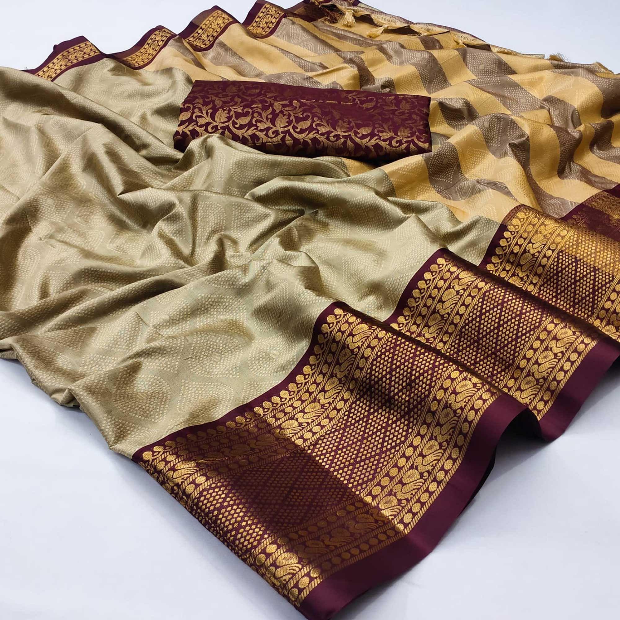 Peachmode Brown Printed Cotton Silk Saree – Women's - view 3