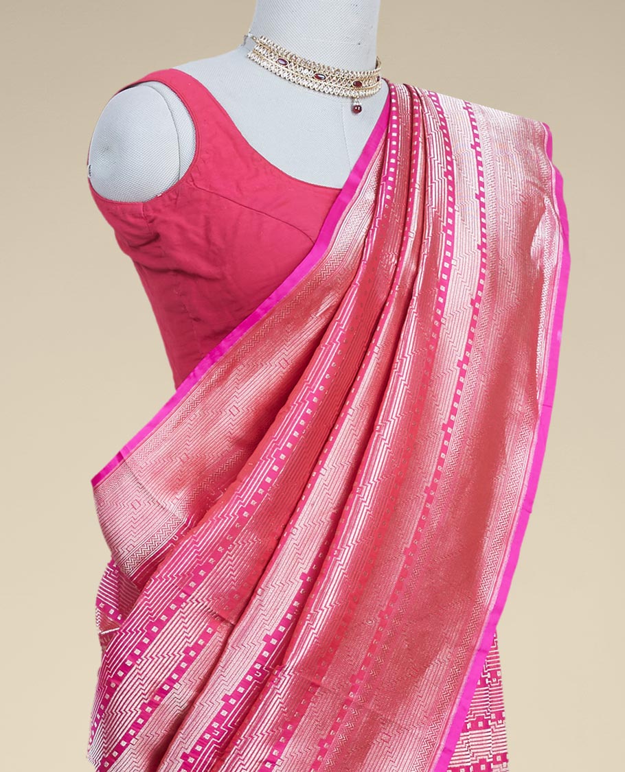 Pothys Pink geometric zari design banaras silk saree with self geometric zari border