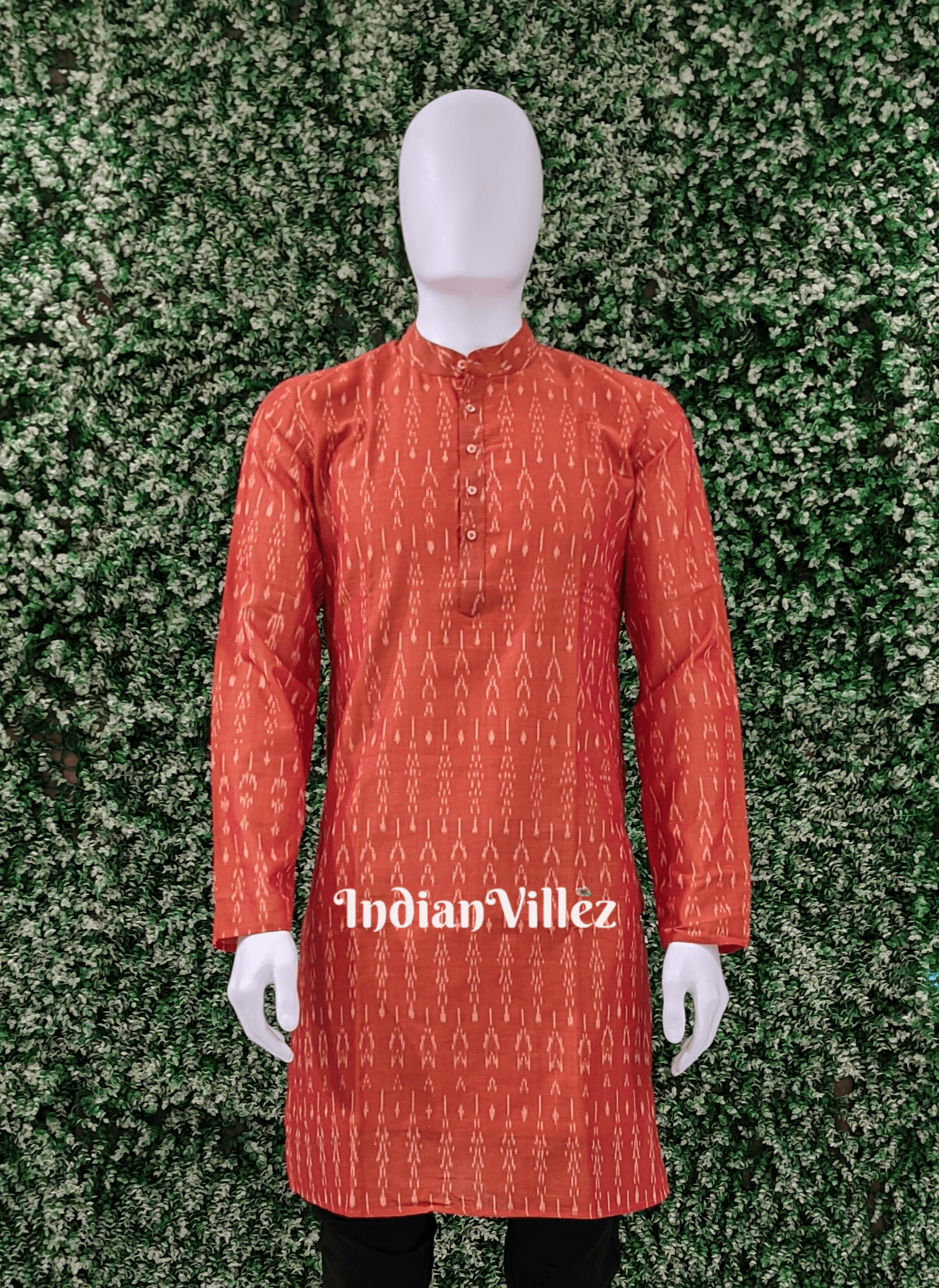 IndianVillèz Orange Pochampally Ikat Cotton Kurta for Men