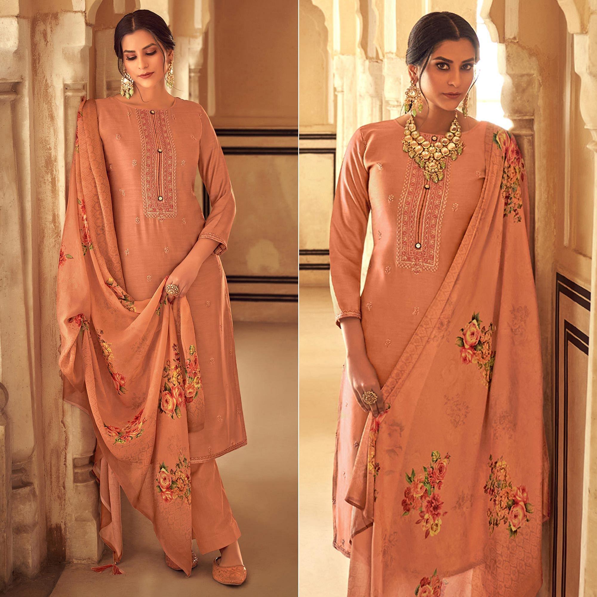 Peachmode Brown Partywear Embroidered Cotton Silk Suit
