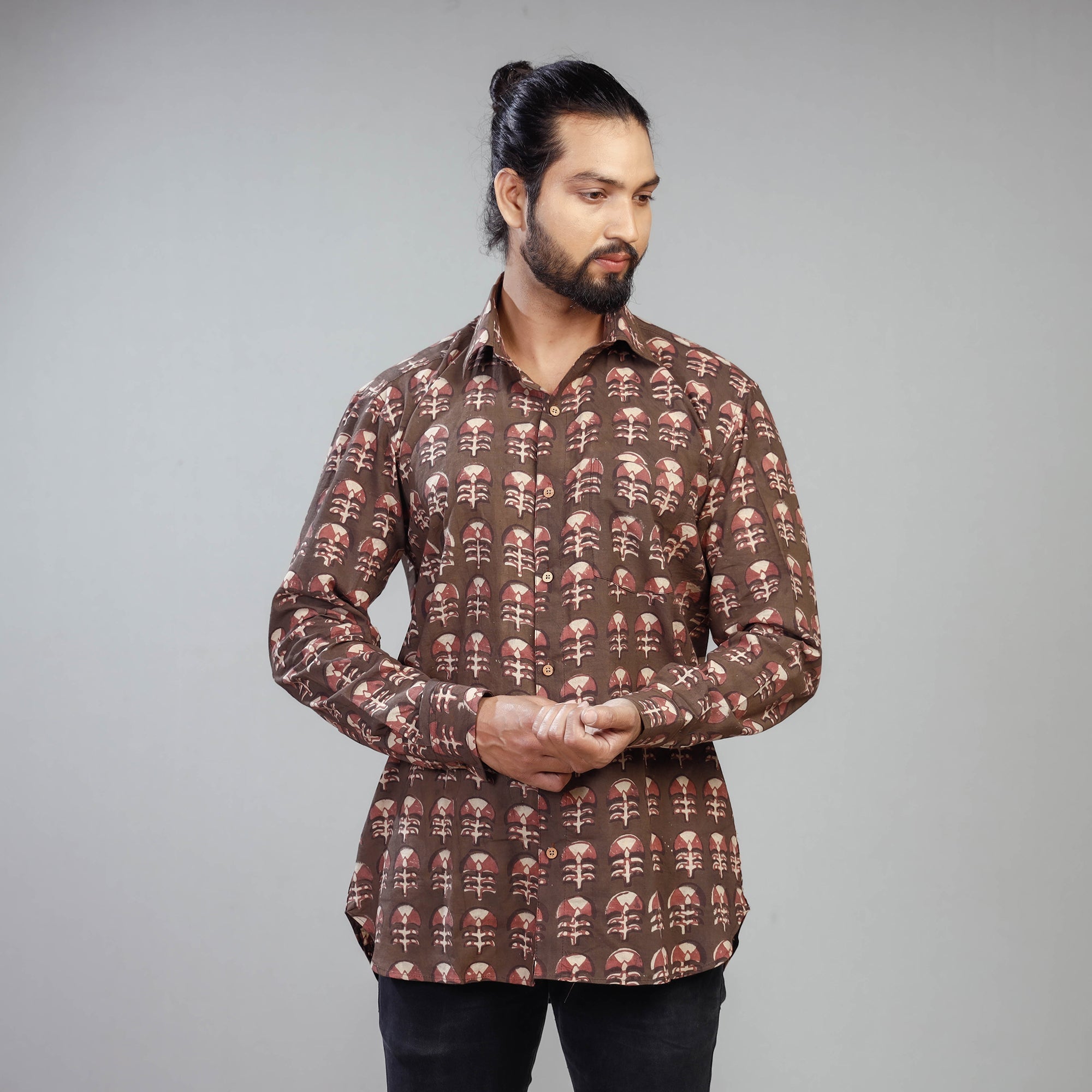 ITOKRI CASUALS Brown - Akola Block Printing Cotton Men Full Sleeve Shirt
