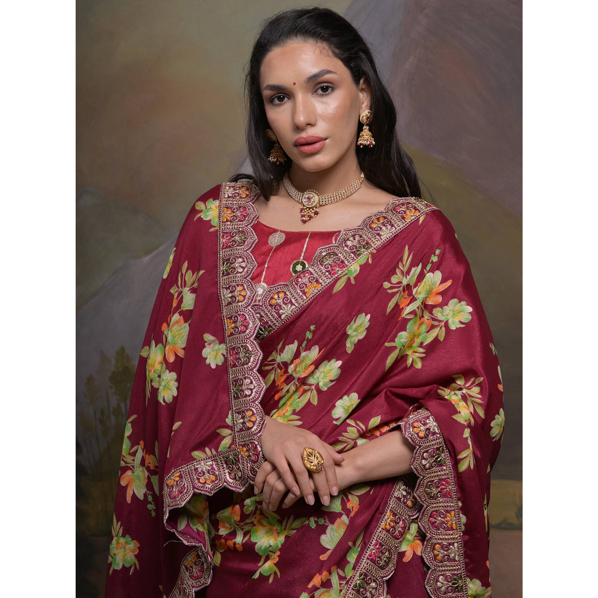 Peachmode Maroon Floral Printed Chinon Saree With Embroidered Border - view 7