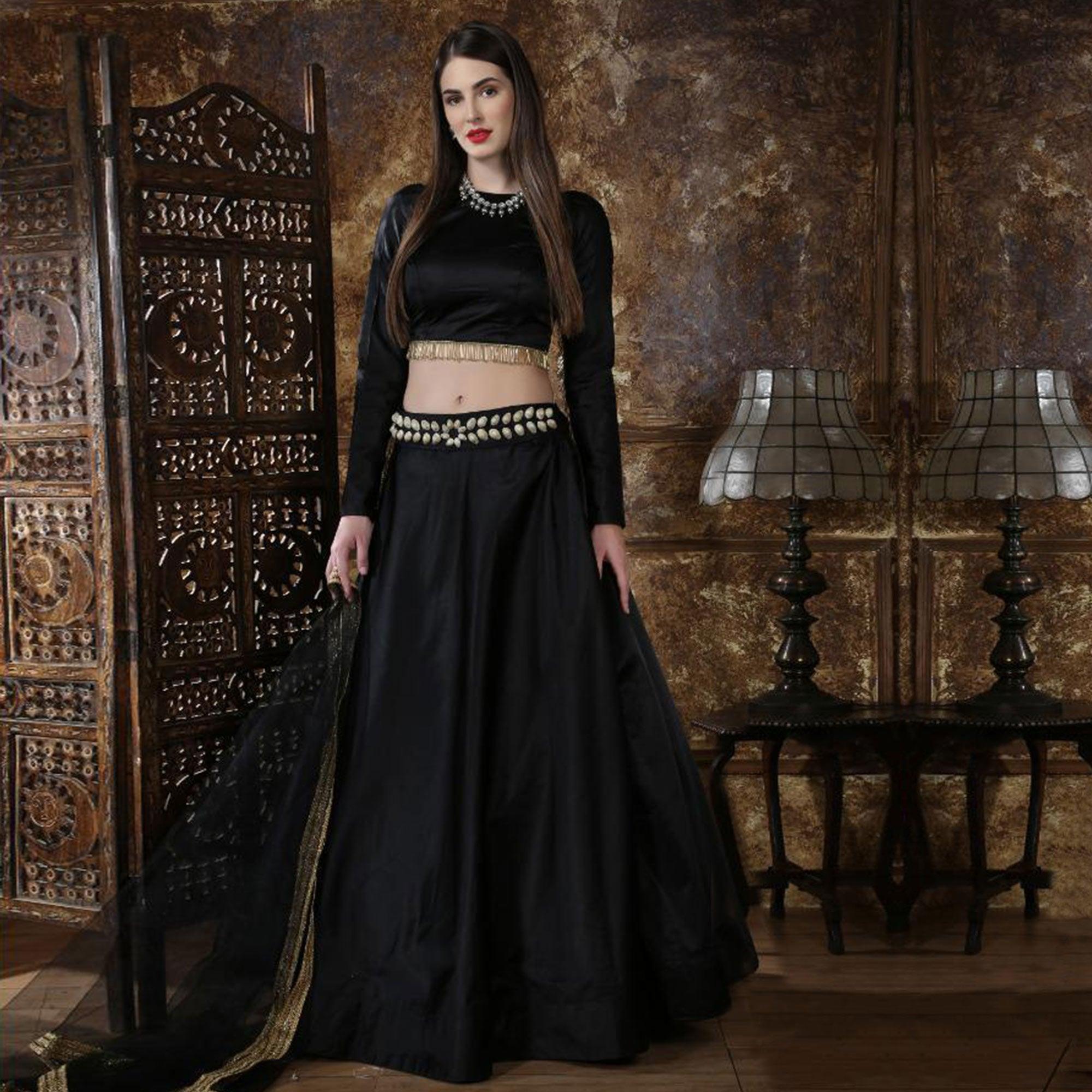Peachmode Flamboyant Black Colored Party Wear Taffeta Satin Lehenga Choli