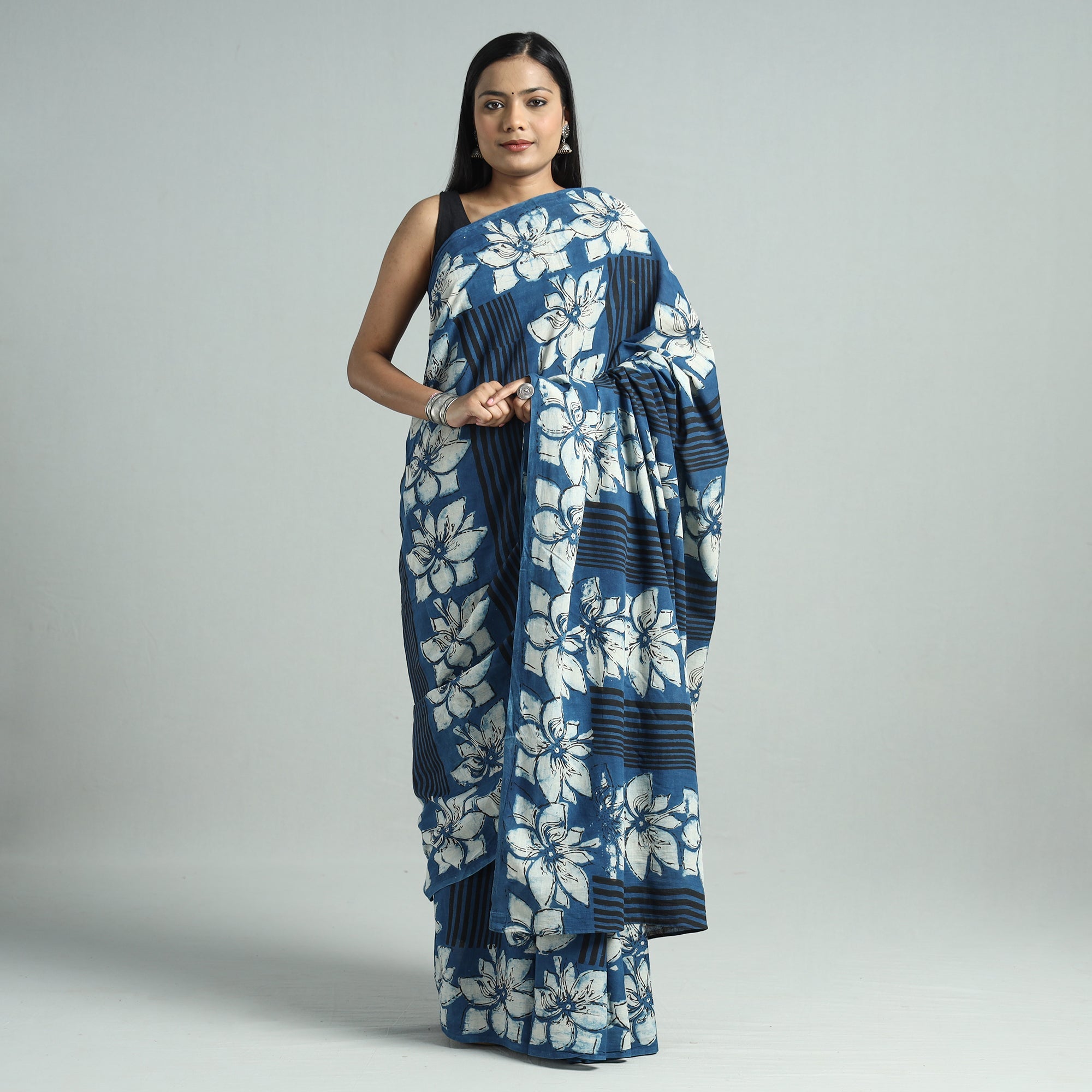 BINDAAS UNLIMITED Blue - Bindaas Art Block Printed Natural Dyed Cotton Saree 29