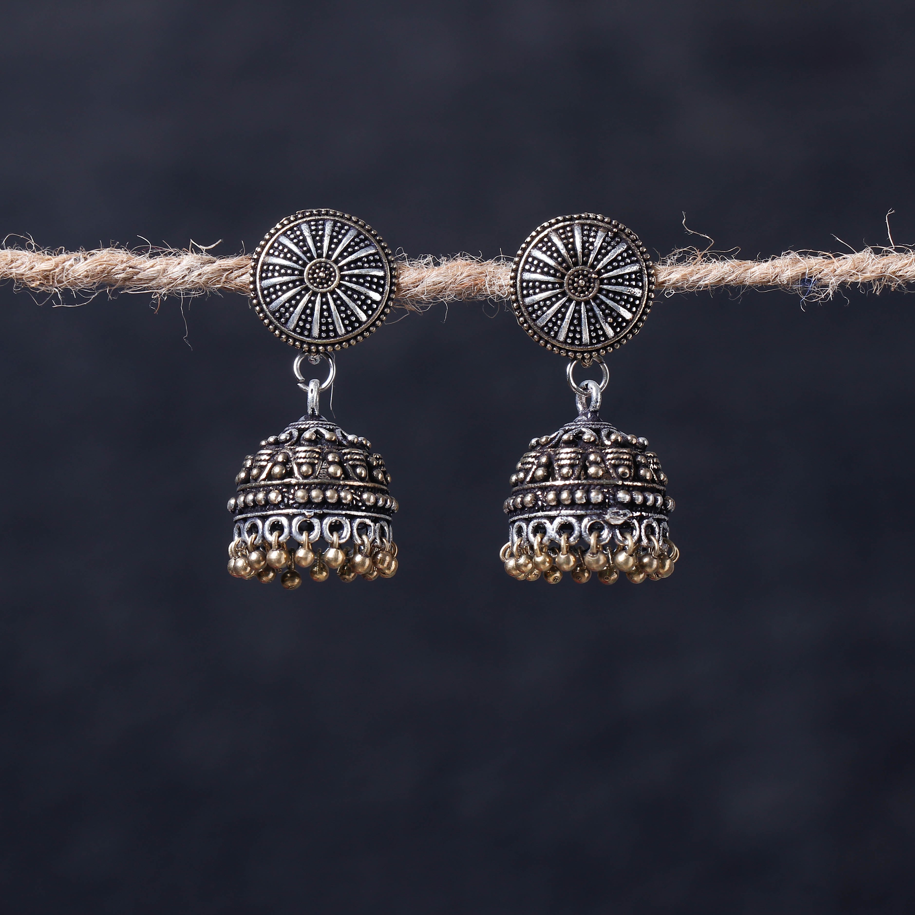 WHITE RIVER STORIES Antique Silver Finish Oxidised Brass Base Jhumka Earrings