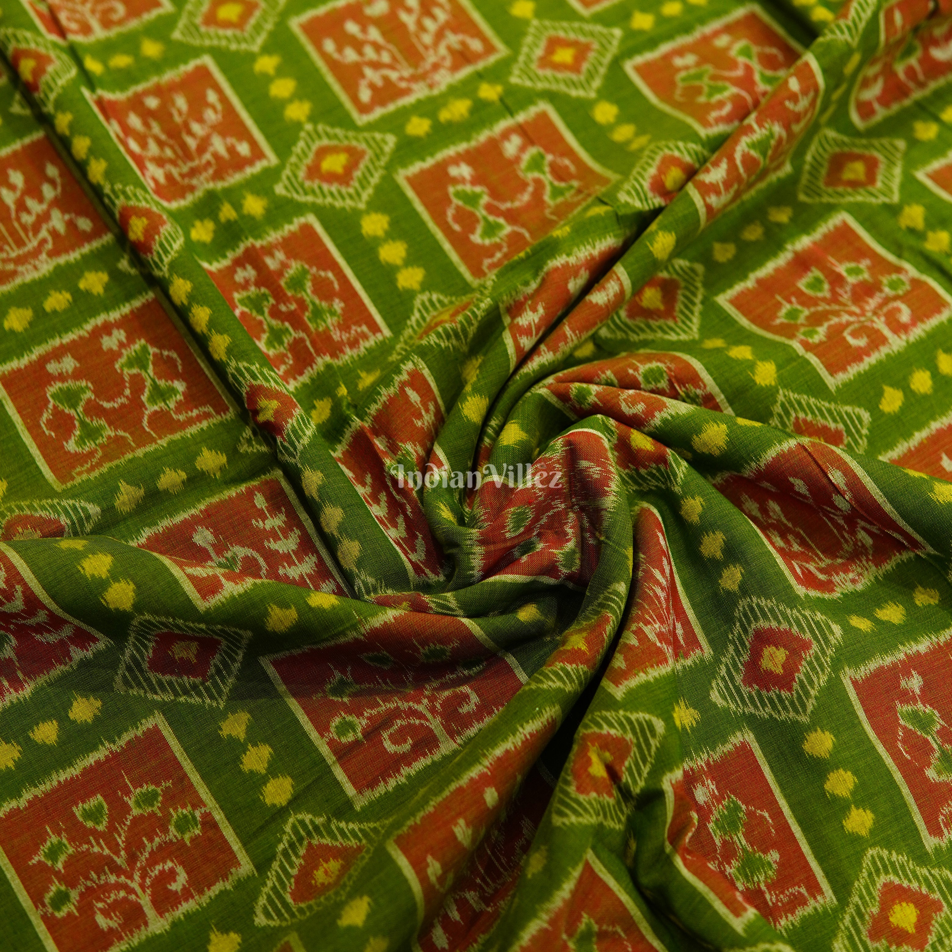 IndianVillèz Olive Green Tribal Theme Odisha Ikat Cotton Fabric