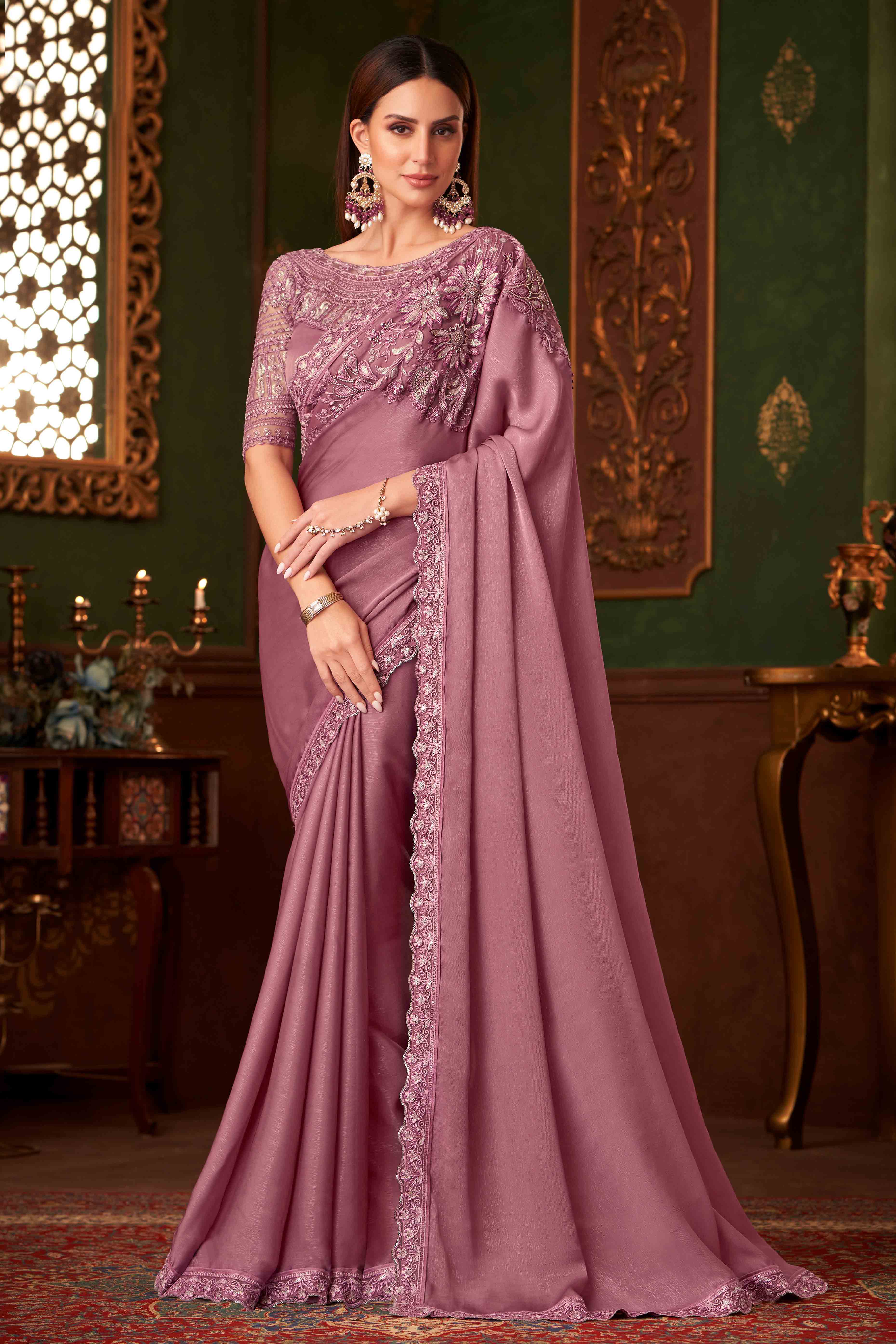 Peachmode Dusty Pink Sequins Embroidered Georgette Saree