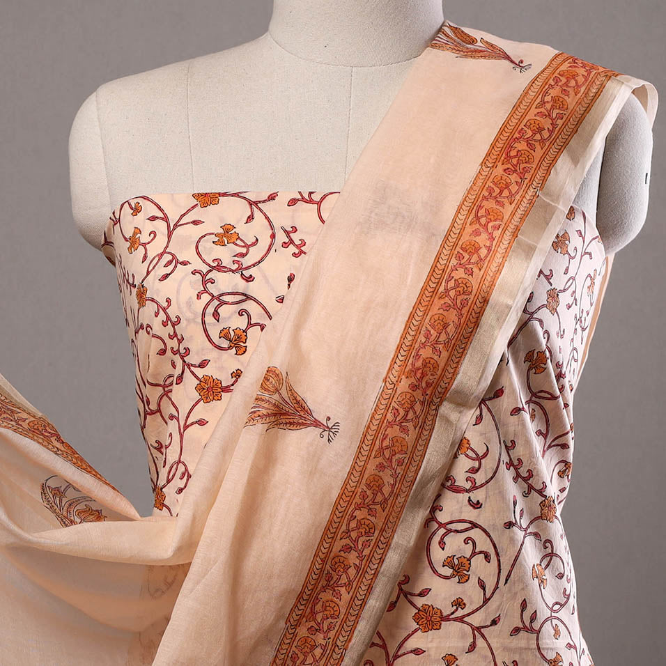 HAVELI CHRONICLES Beige - 3pc Sanganeri Block Printed Cotton Suit Material with Chanderi Silk Dupatta 19 - view 3