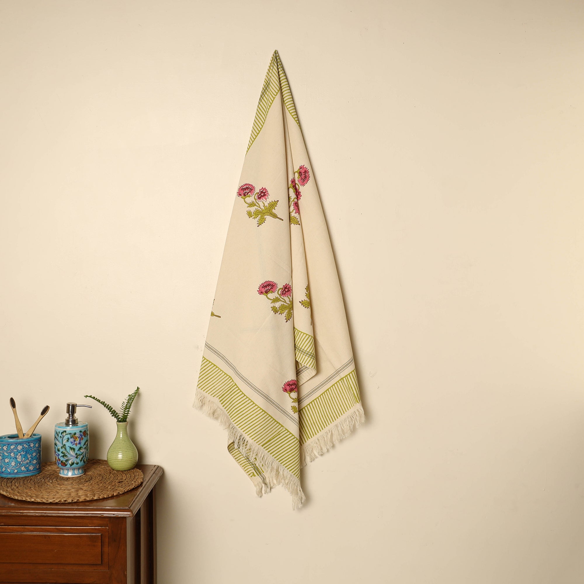 ARTISAN HAND BLOCK PRINTS Beige - Block Printed Handloom Cotton Sanganeri Towel 45