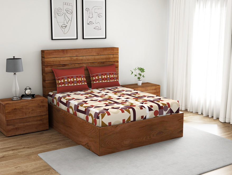 Spaces India Geometric Ketchup - Dark Red 100% Cotton Double Bedsheet - Color Block By Spaces - view 2