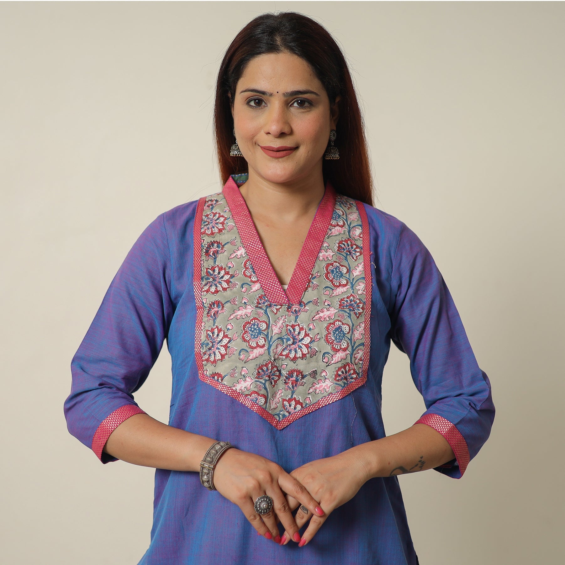 ITOKRI CASUALS Blue - Dharwad Cotton Straight Kurta with Sanganeri Patchwork 02