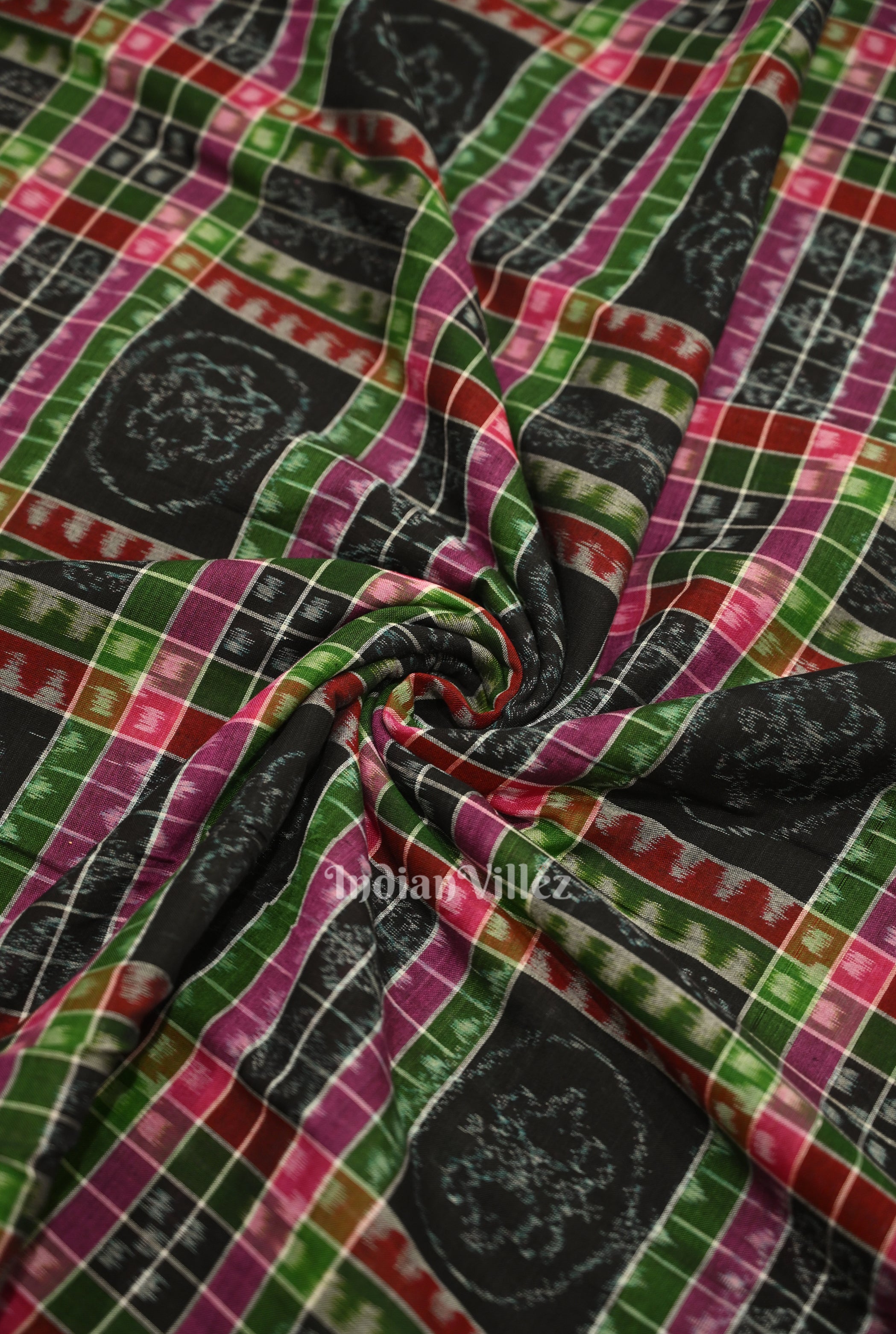 IndianVillèz Black with Multi Color Utkalaxmi Sambalpuri Ikat Cotton Fabric