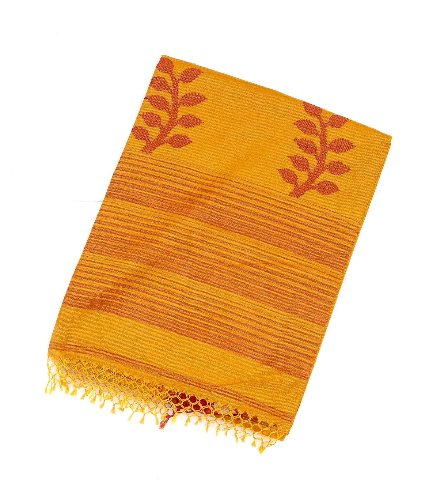 RmKV Mustard Handloom Bengal Cotton Saree With Stripes & Buttas