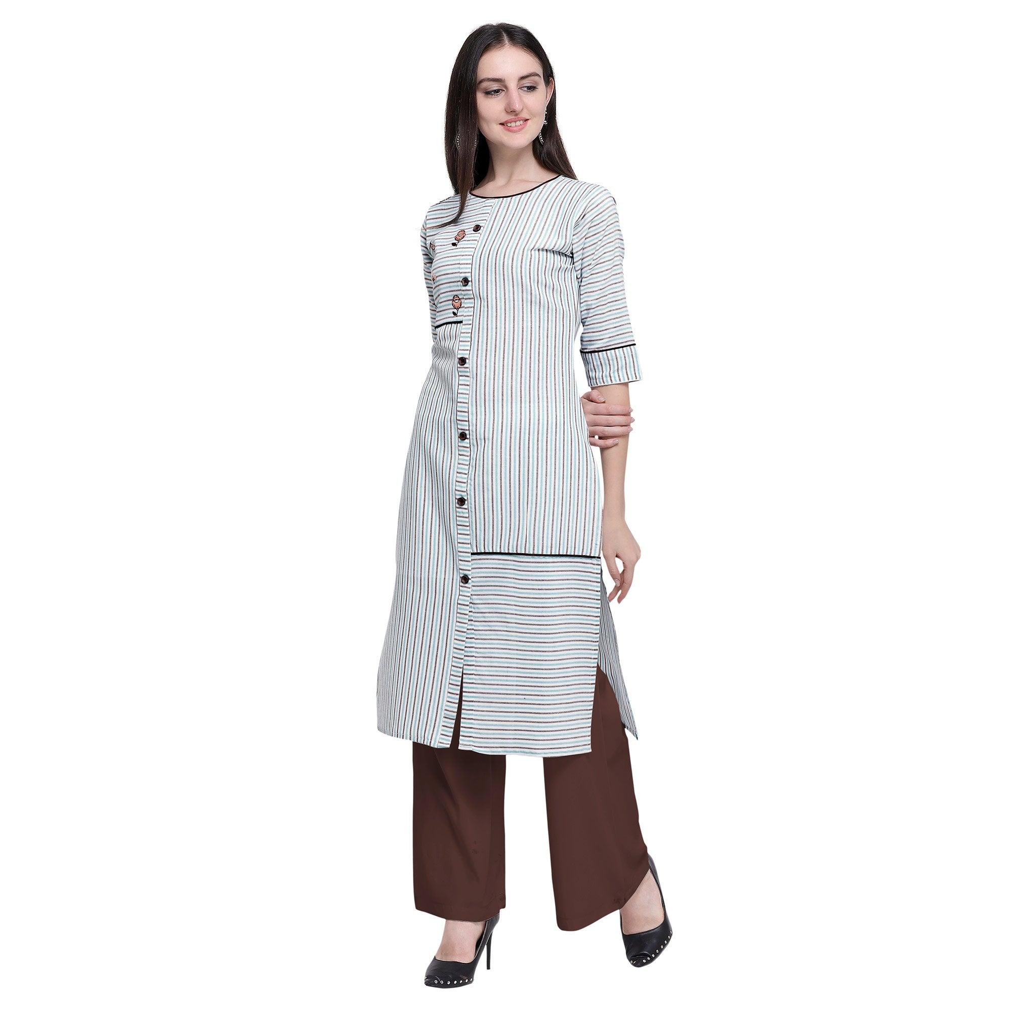 Peachmode Seller Intricate White Colored Casual Wear Embroidered Cotton Kurti-Palazzo Set - view 4