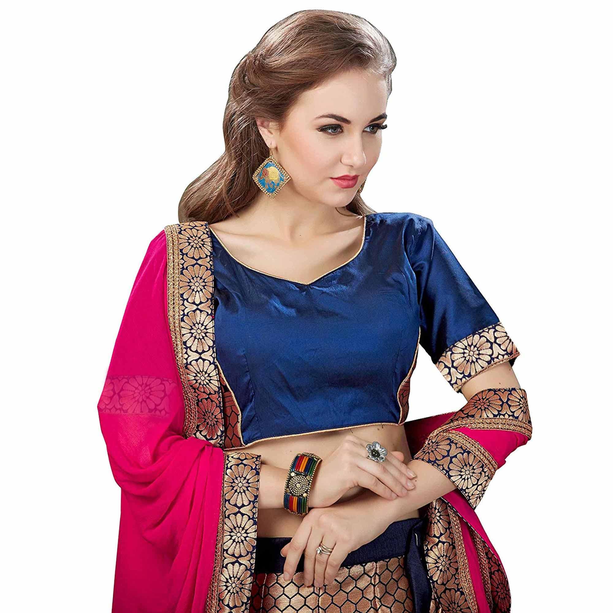 Peachmode Magnetic Blue Colored Partywear Woven Banarasi Silk Jacquard Lehenga Choli - view 4