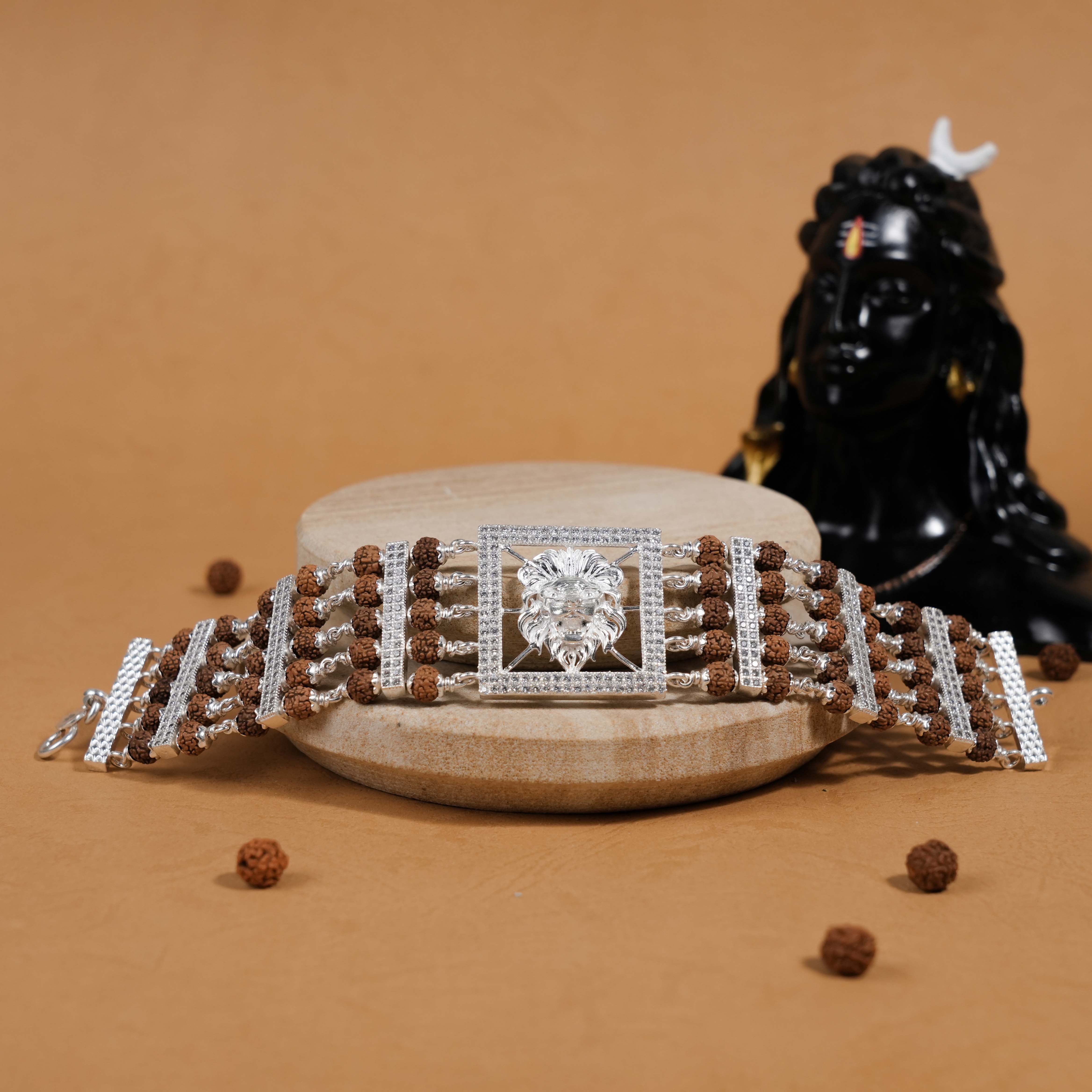 Prinjal Jewellers Rudraksha Silver Roaring Lion Five Lines Bracelet - view 2