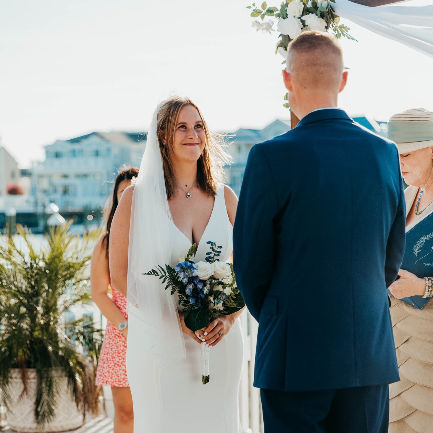 fiftyflowers.com Seaside White and Blue Beach Pier Wedding