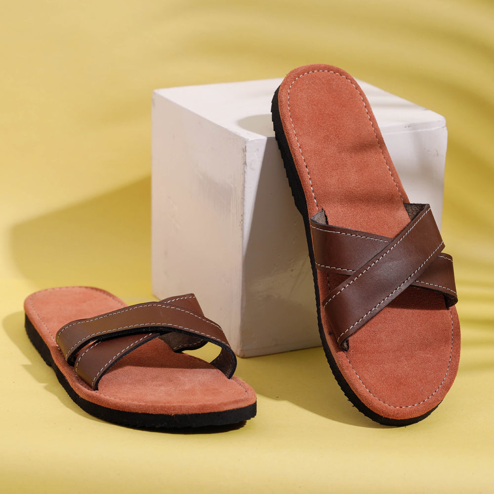 AASAI HANDICRAFT FOOTWEAR AUROVILLE Brown & Tan Handcrafted Women's Leather Slippers with Suede