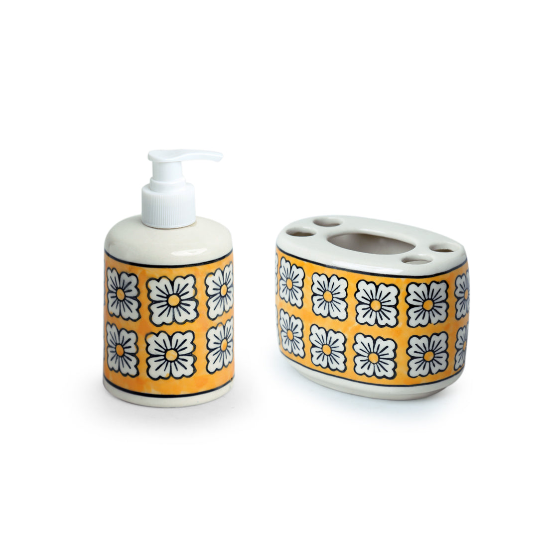 EXCLUSIVELANE 'Honey Marigold' Handpainted Bathroom Accessory Set In Ceramic (Liquid Soap Dispenser, Toothbrush Holder) - view 2