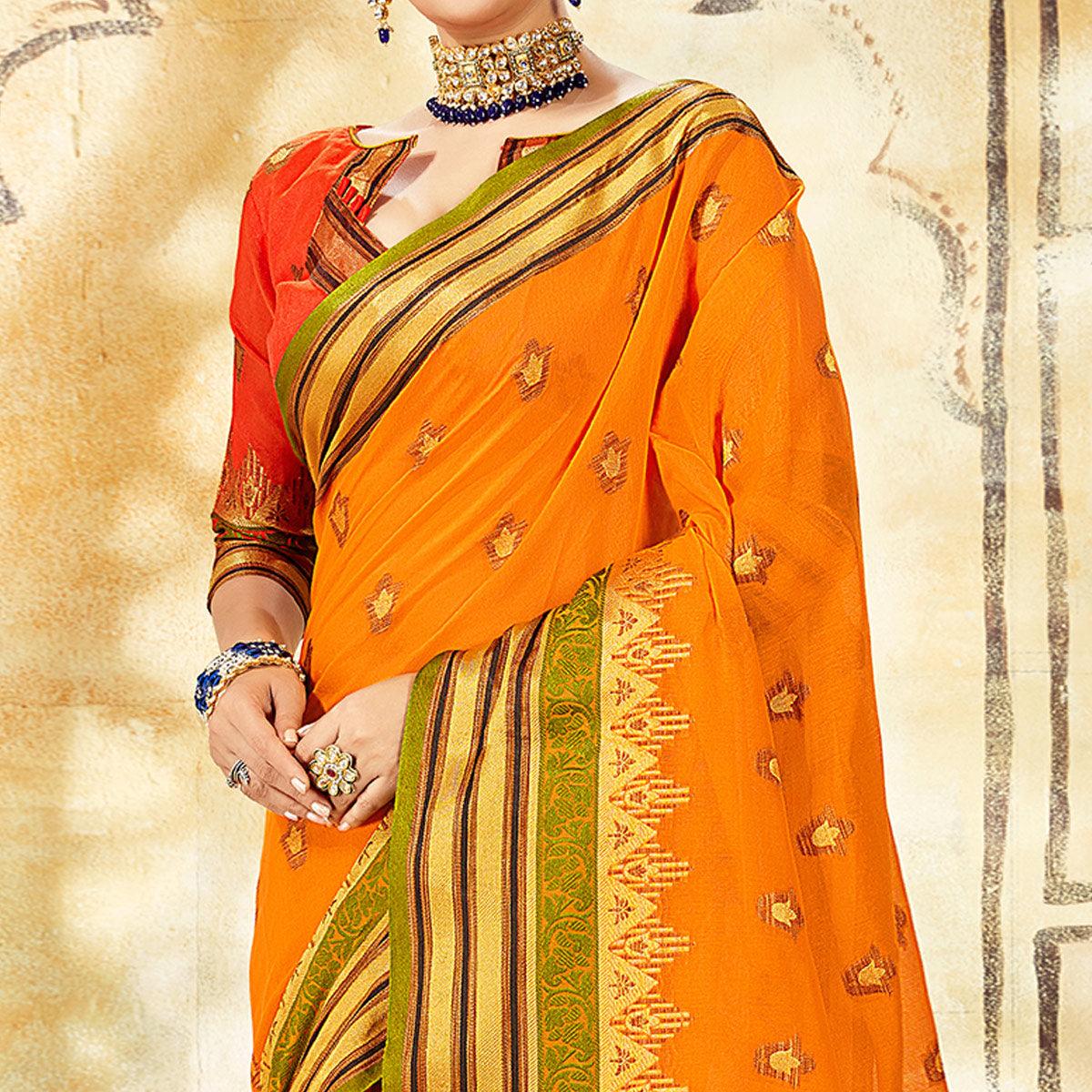 Peachmode Exotic Orange Colored Festive Wear Woven Cotton Saree - view 2
