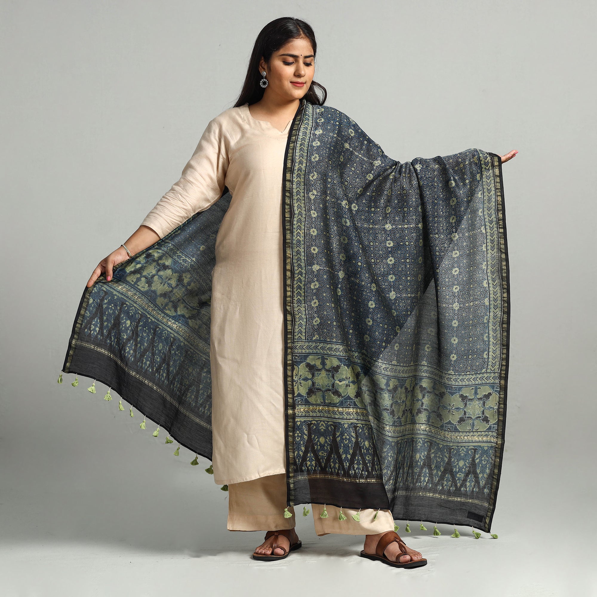 AJRAKH BY SUFIYAN ISMAIL KHATRI Blue - Block Printed Chanderi Silk Handloom Ajrakh Dupatta 15