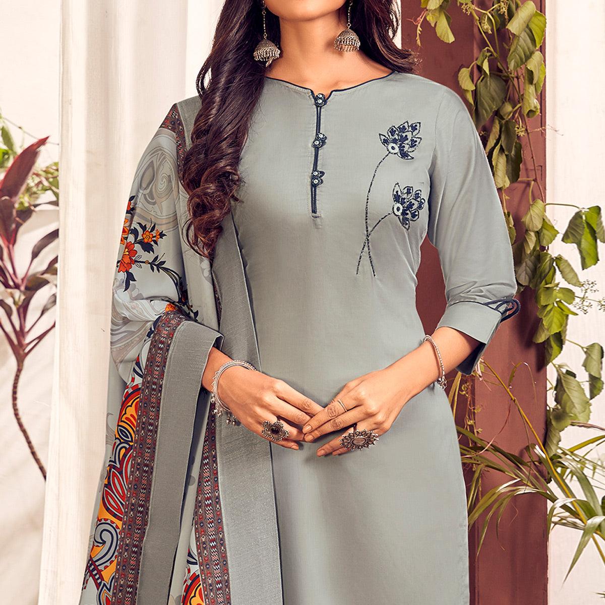 BlackTree grey-party-wear-embroidered-cotton-kurti-pant-set-with-dupatta-138542 - view 2