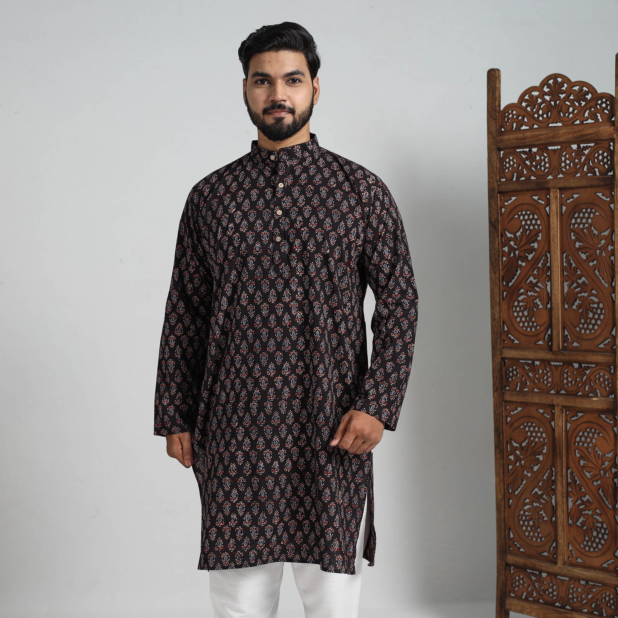 ITOKRI CASUALS Ajrakh Block Printed Cotton Men Long Kurta 17 - view 3