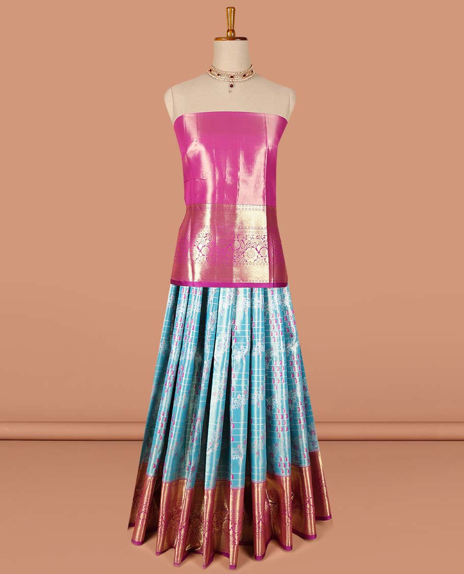 Pothys Blue checked with floral design art-silk half saree, contrast traditional zari border,zari design blouse & intricate dhavani - view 2