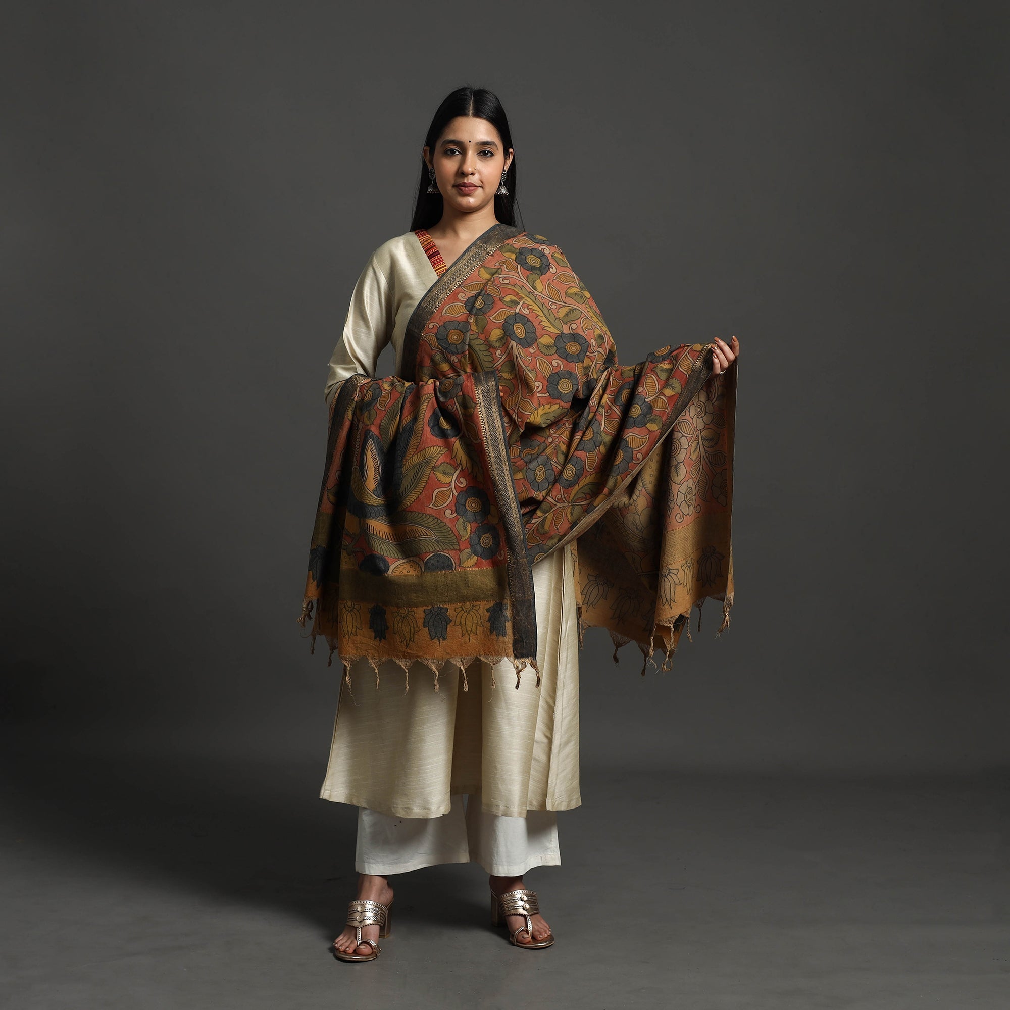 SOUTH KARGHA Brown - Mangalagiri Cotton Handpainted Pen Work Kalamkari Dupatta 18