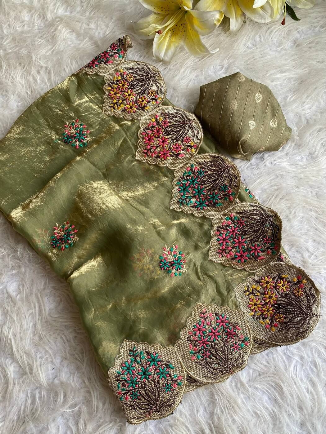 Tasrika Comely Mehndi Embroidery Work Fendy Silk Saree With Effervescent Blouse Piece - view 2