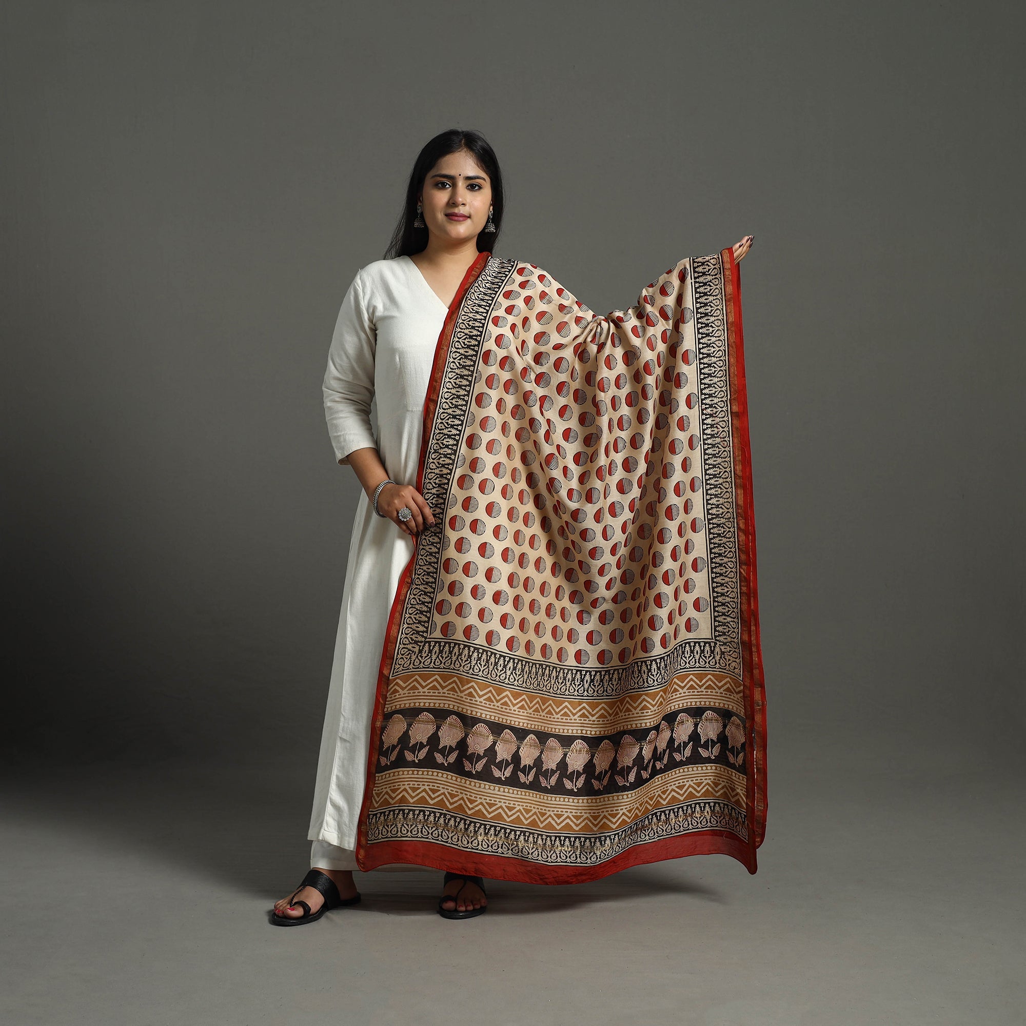 HAVELI CHRONICLES Beige - Block Print Chanderi Silk Bagru Dupatta 14