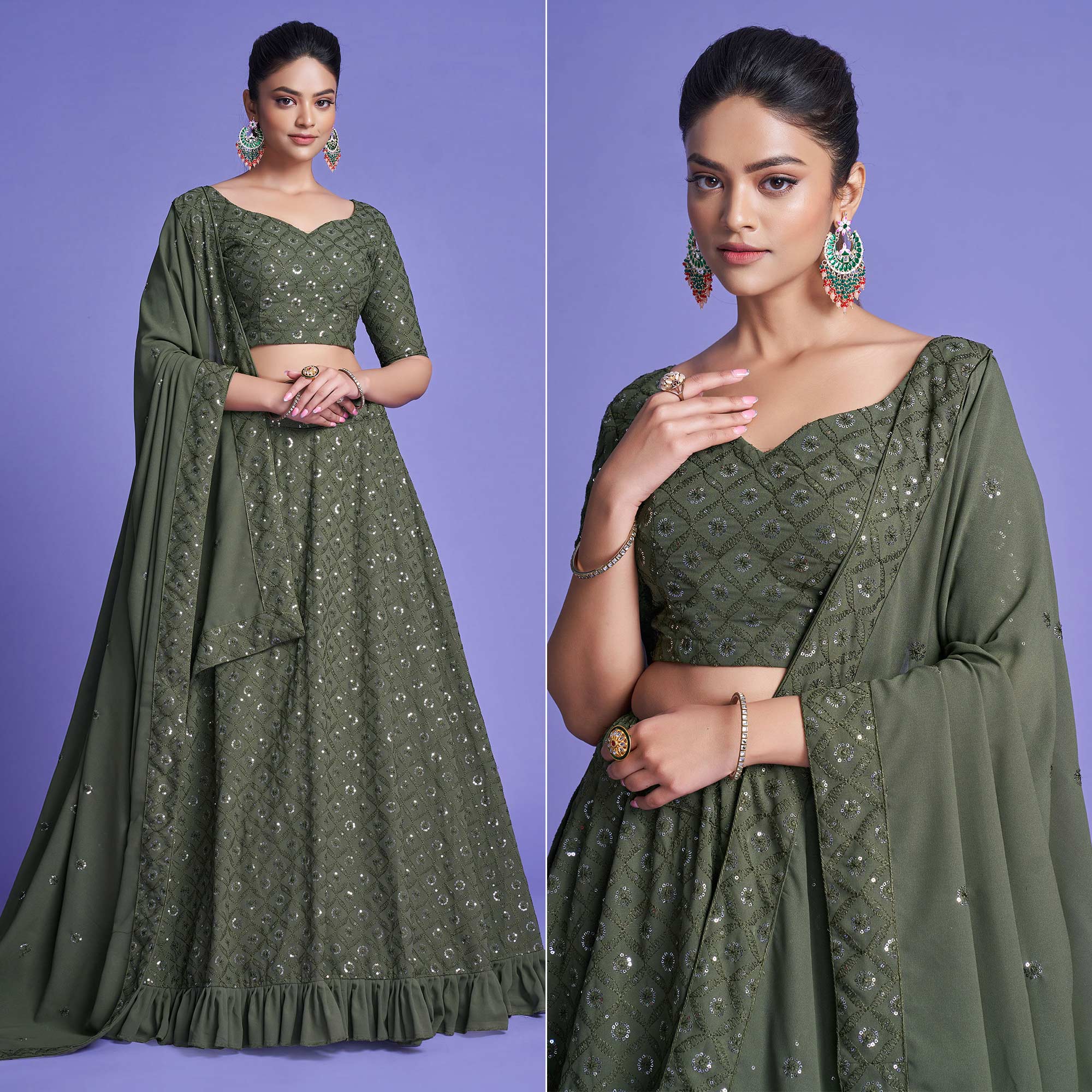 Peachmode Mahendi Green Sequins Embroidered Georgette Lehenga Choli