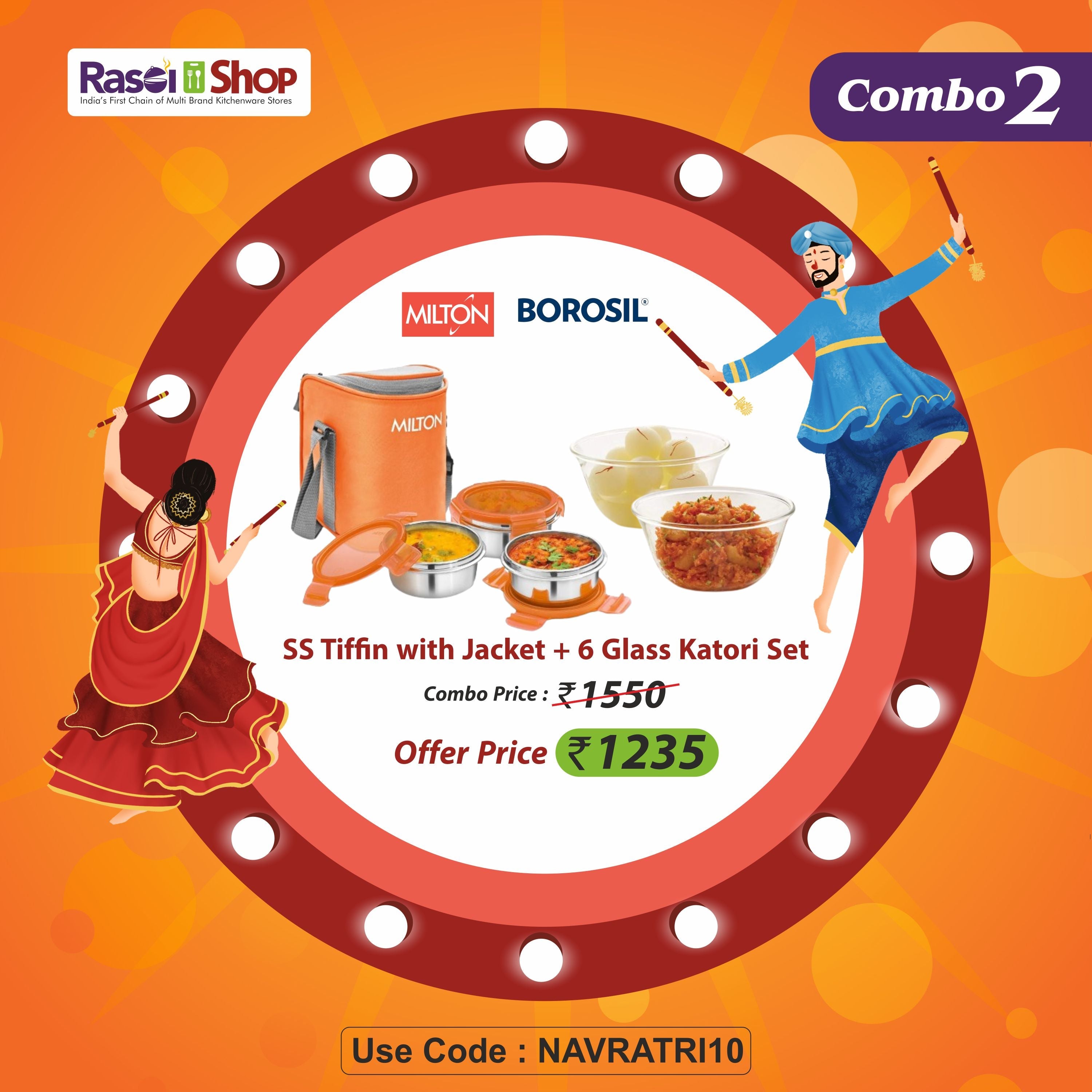 Navratri combo 2 – RasoiShop NAVRATRI COMBO #2 -Milton Cube 3 Stainless Steel Tiffin + Borosil Dessert 170 ML Glass Katori Set of 6 Pcs