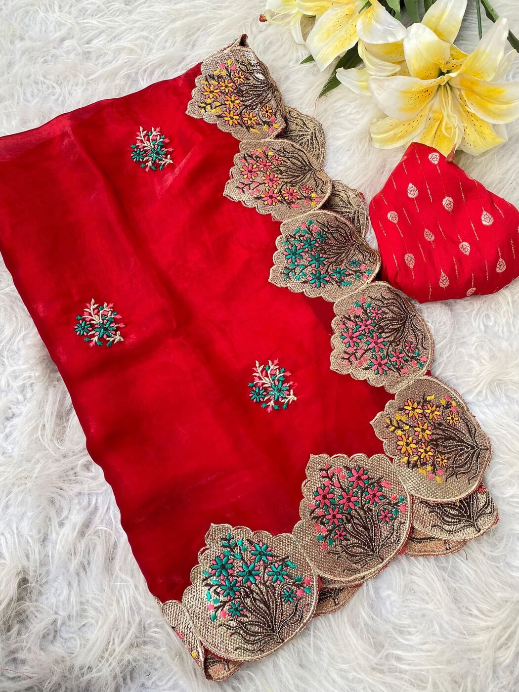 Tasrika Epiphany Red Embroidery Work Fendy Silk Saree With Magnetic Blouse Piece - view 2