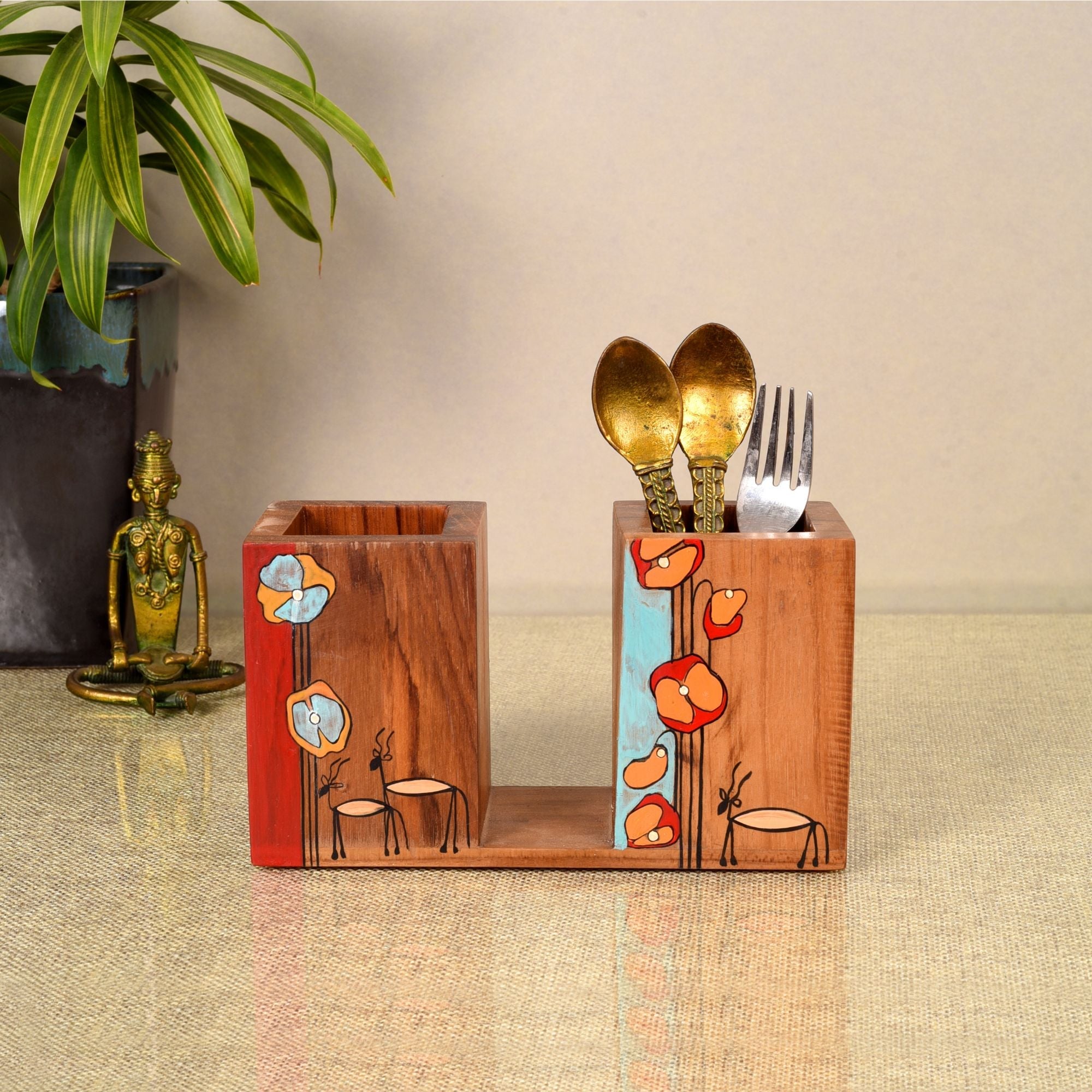 ART CREATIONS BY SUMAN SONTHALIA Brown - Floral Delights Wooden Cutlery Holder (7.5x3x4)