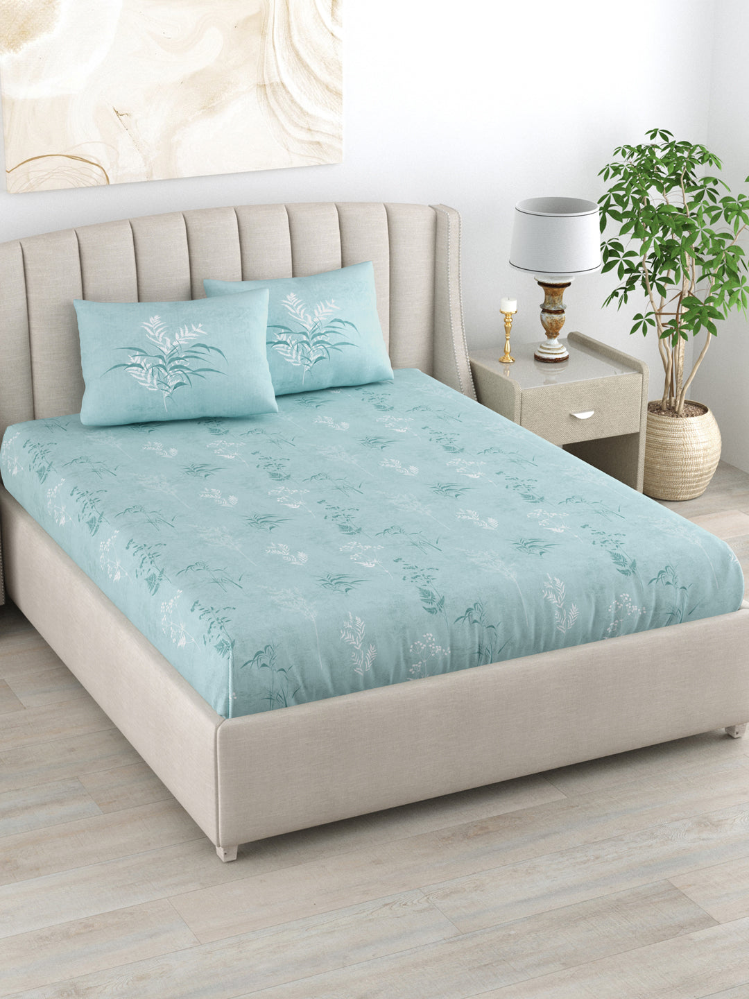 Urban Space -Home Furnishing Store Fitted King Size Cotton Bedsheet - Summer Bloom Blue - view 2