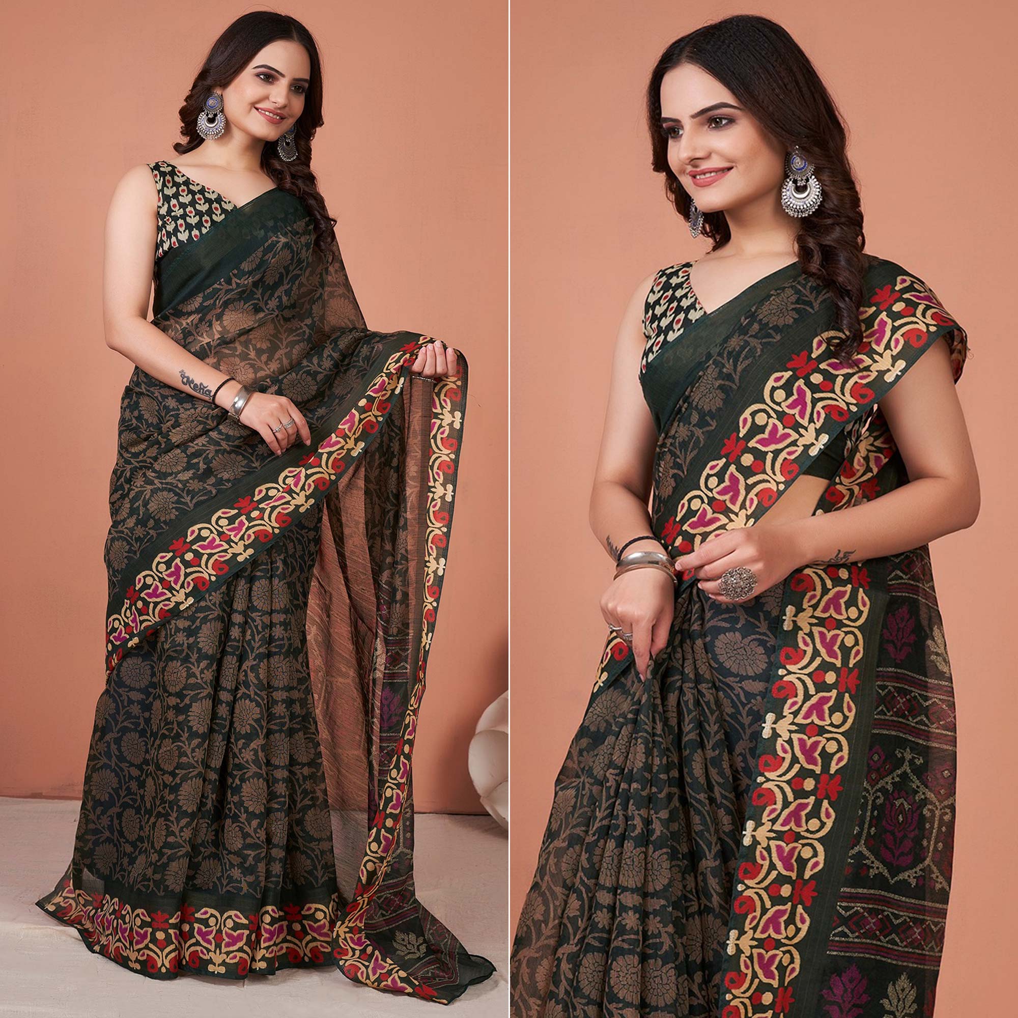 Green sarees – BlackTree green-floral-printed-cotton-saree-with-tassels