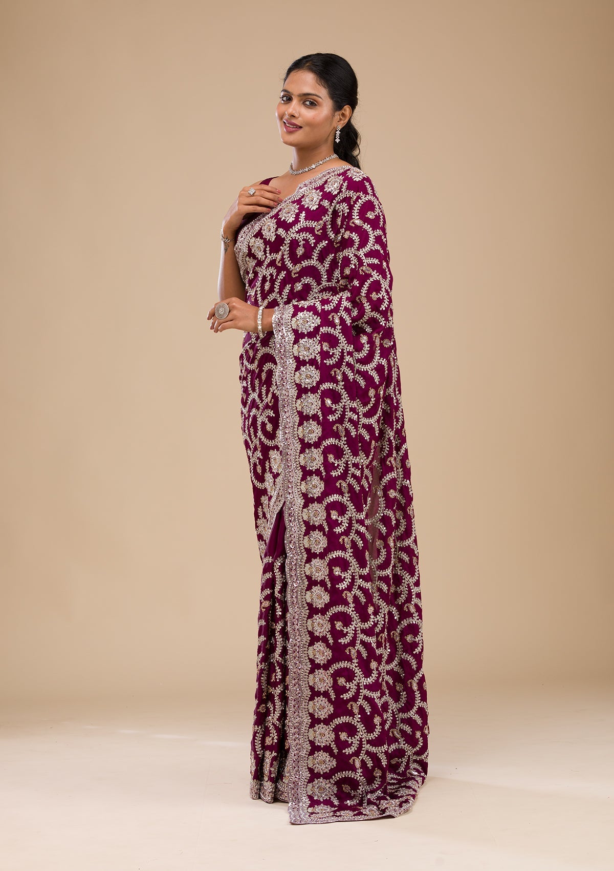 Koskii Wine Zariwork Georgette Saree – Women's - view 3